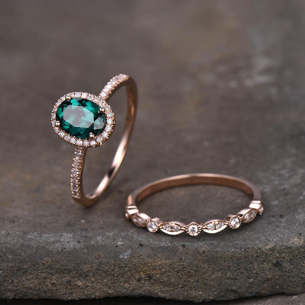 1.2 Carat Oval Emerald Diamond Halo Engagement Ring Set - Marquise Design Wedding Band - Perfect for Proposals, Anniversaries & Bridal Jewelry
