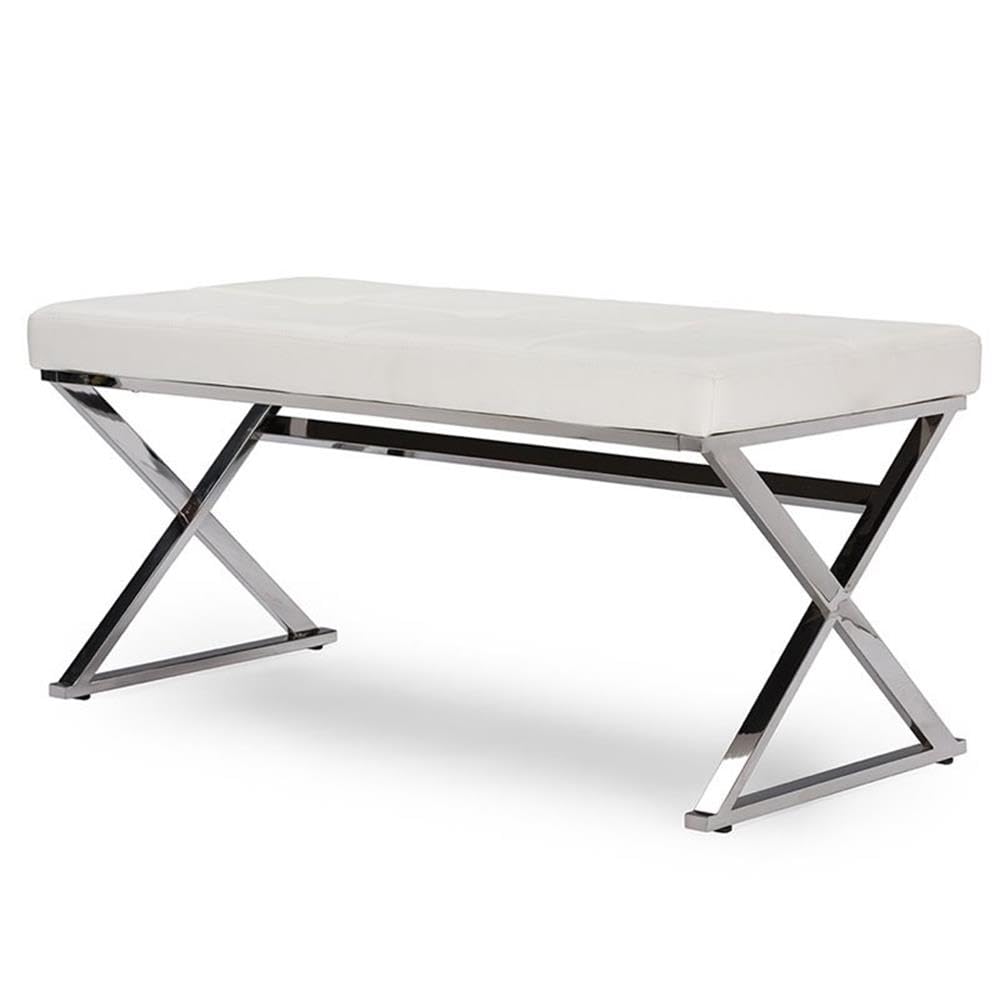 Baxton Studio Modern Faux Leather Upholstered Rectangle Bench with Stainless Steel Legs - Contemporary White Entryway Bench for Living Room, Bedroom or Hallway Decor