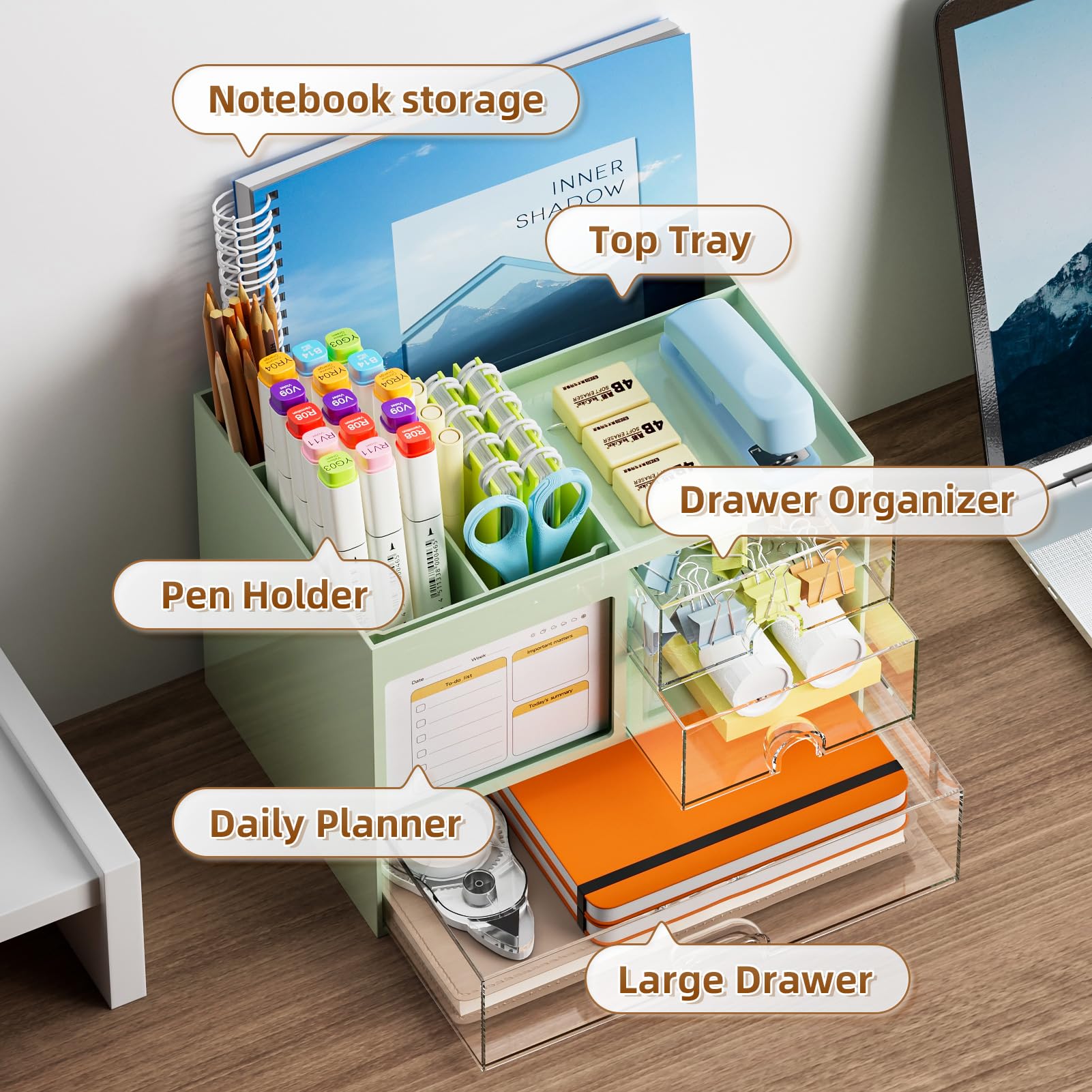 Marbrasse 3-Drawer Desk Organizer with 4 Compartments - Multi-Functional Pencil & Pen Holder for Office, Home, School - Green Desktop Storage for Supplies, Stationery & Accessories - Perfect for Workspace Organization & Decluttering