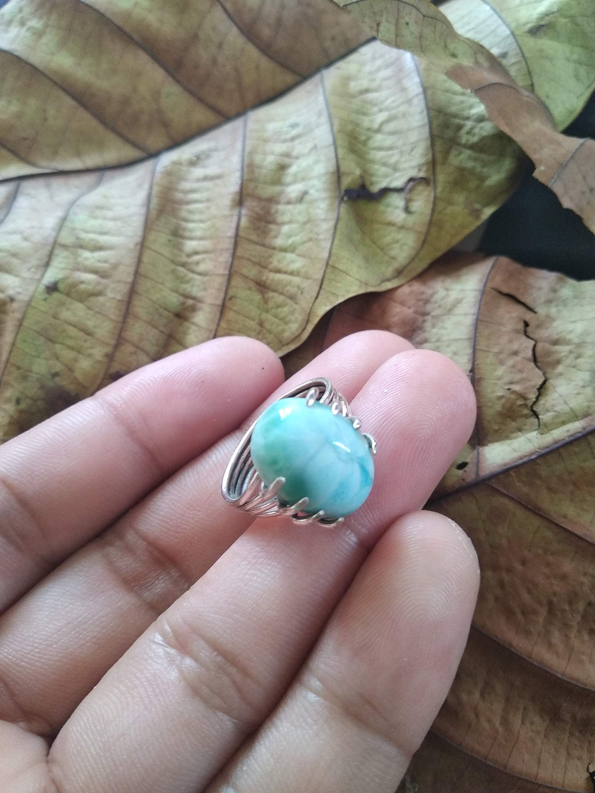 Handmade Sterling Silver Larimar Ring – Natural Blue Larimar Stone Jewelry for Women, Boho Healing Crystal Ring, Dominican Gemstone Bridal Ring | Perfect for Spiritual Healing, Meditation, Wedding & Boho Fashion
