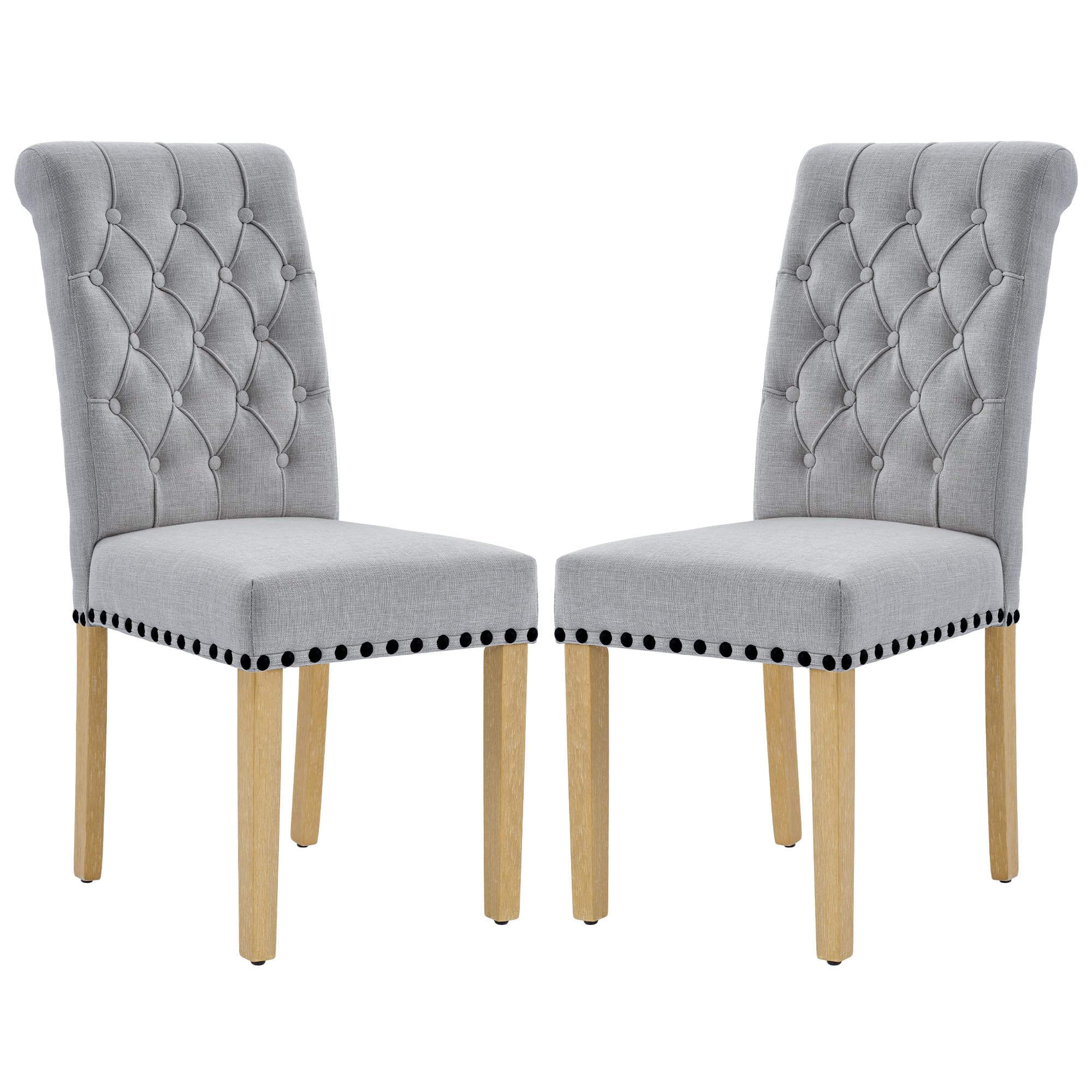 Modern Linen Fabric Dining Chairs Set of 2 - Parson Style with Nailhead Trim & Button Tufting - Solid Wood Legs - Gray - Perfect for Dining Room, Kitchen, Living Room or Home Office Seating