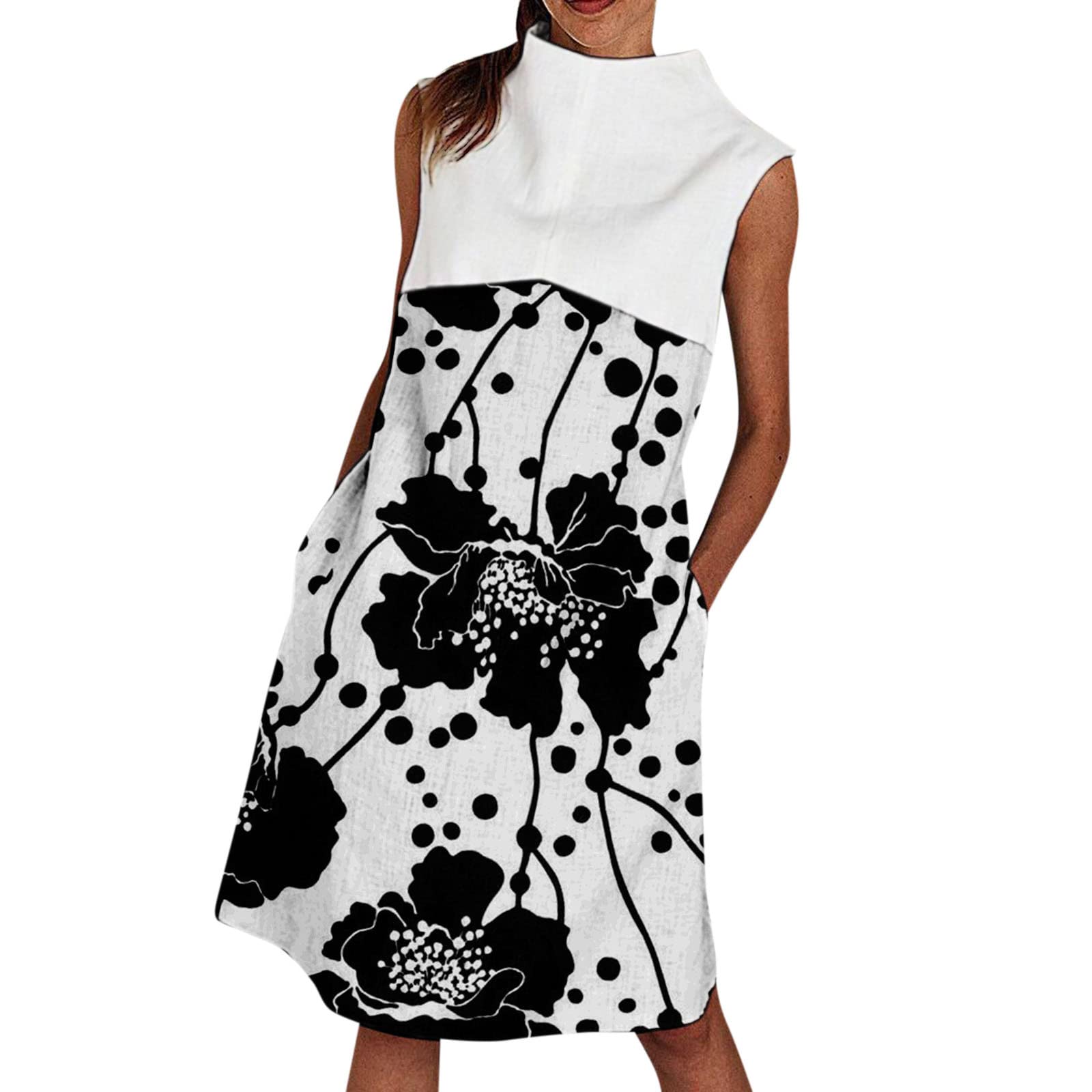Floral Print Women's Casual Turtleneck Sleeveless Knee-Length Dress - Loose Fit Cocktail Dress for Party, Wedding & Summer Outings