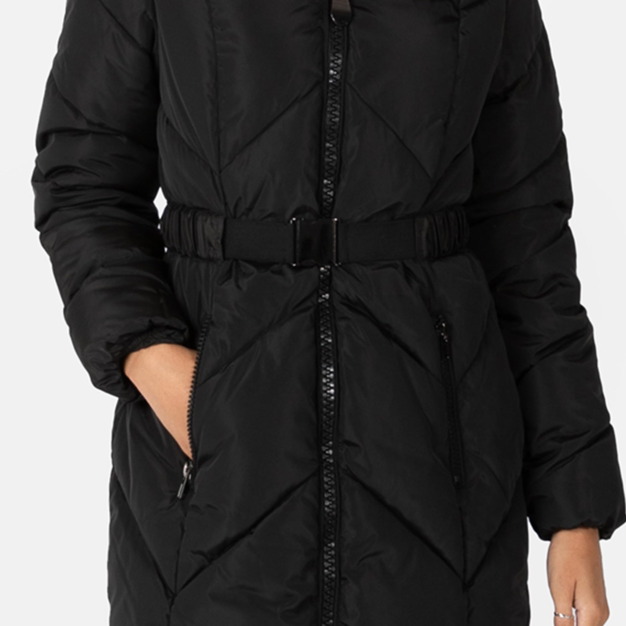 Lovedrobe Women's Winter Jacket - Quilted Padded Puffer Coat with Faux Fur Hood, Belted Waist & Front Pockets - Warm Outerwear for Cold Weather, Snow, Skiing & Daily Winter Fashion