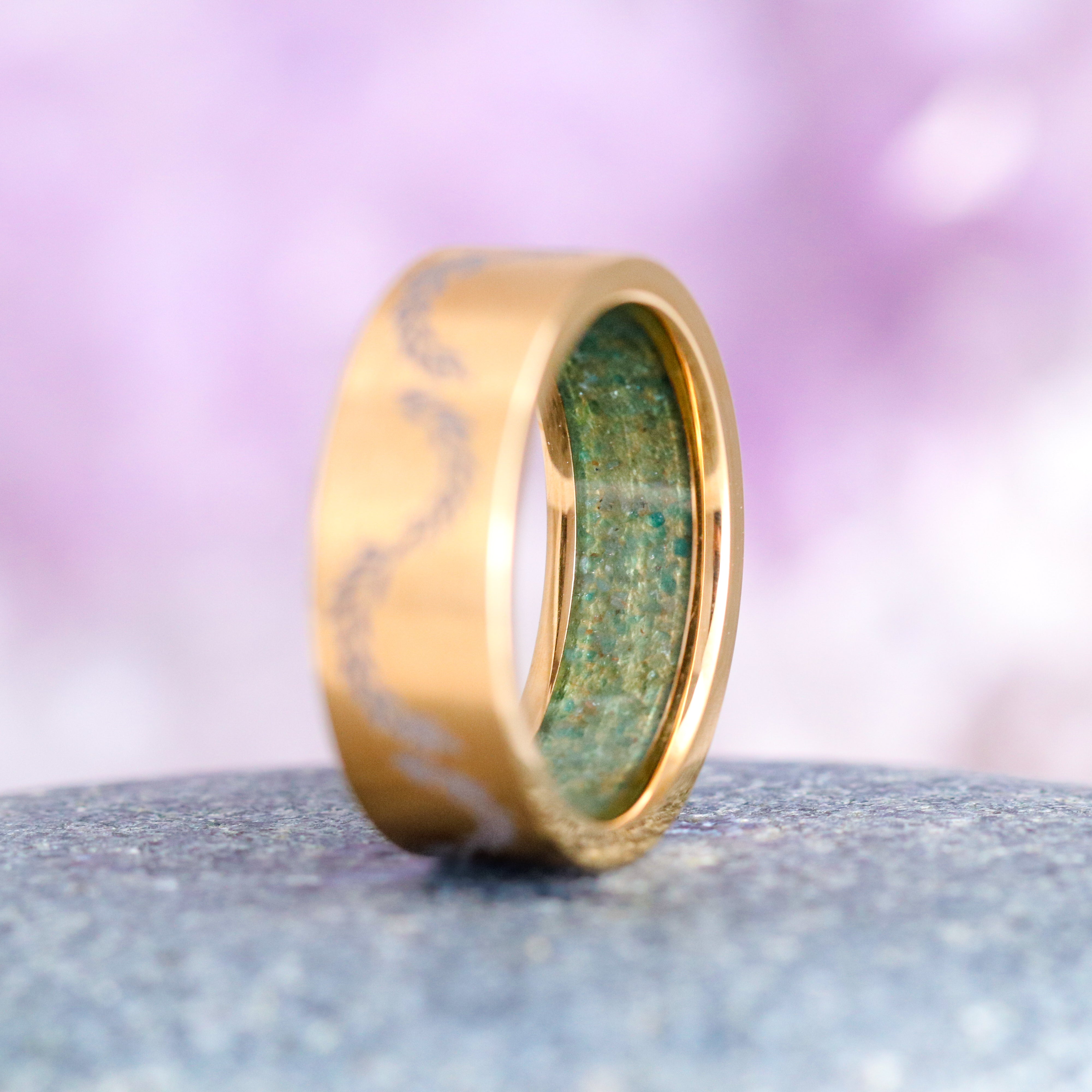 Green Moss Agate Leaf Wedding Band - 8mm Yellow Gold Titanium Ring for Women, Nature-Inspired Jewelry - Perfect for Engagement, Anniversary & Boho Style Wedding
