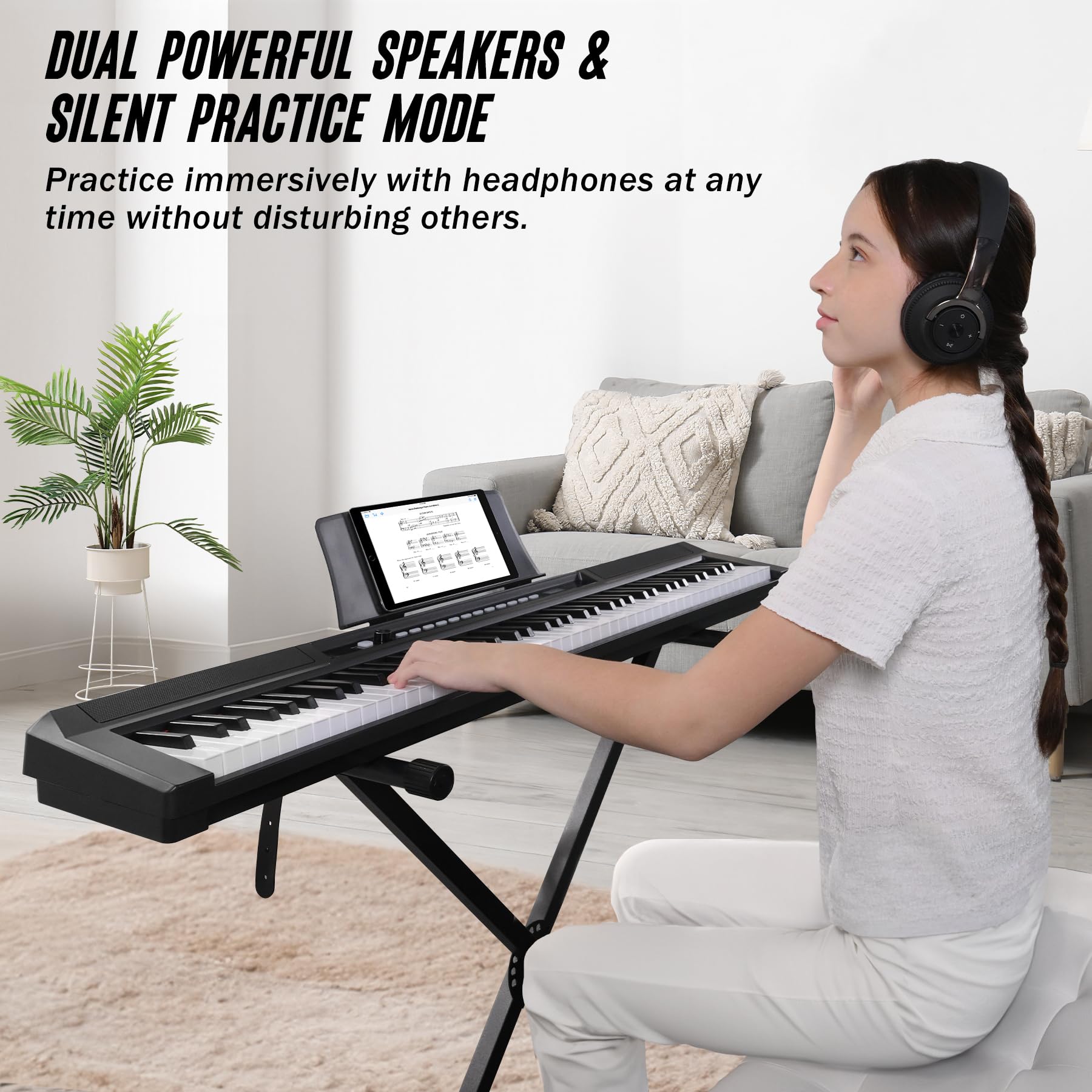 **88-Key Semi-Weighted Portable Digital Piano Keyboard Set for Beginners – Includes Stand, Carrying Case, Sustain Pedal & Headphones (Black) – Perfect for Home Practice, Studio Recording & Live Performances**