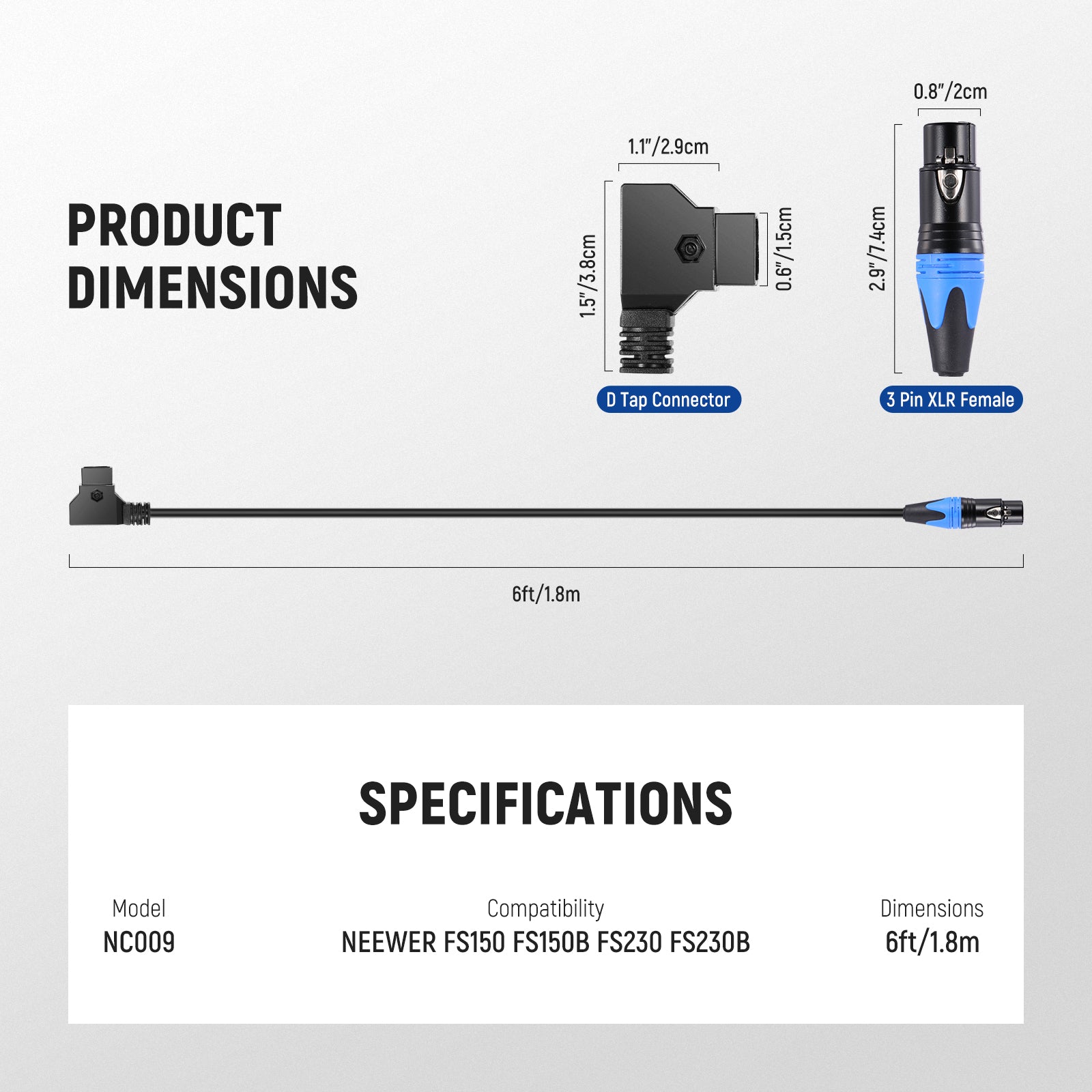 NEEWER NC009 D-Tap to 3-Pin XLR Power Cable for NEEWER FS150 FS150B FS230 FS230B LED Video Lights - Perfect for Studio Lighting, Photography, and Film Production