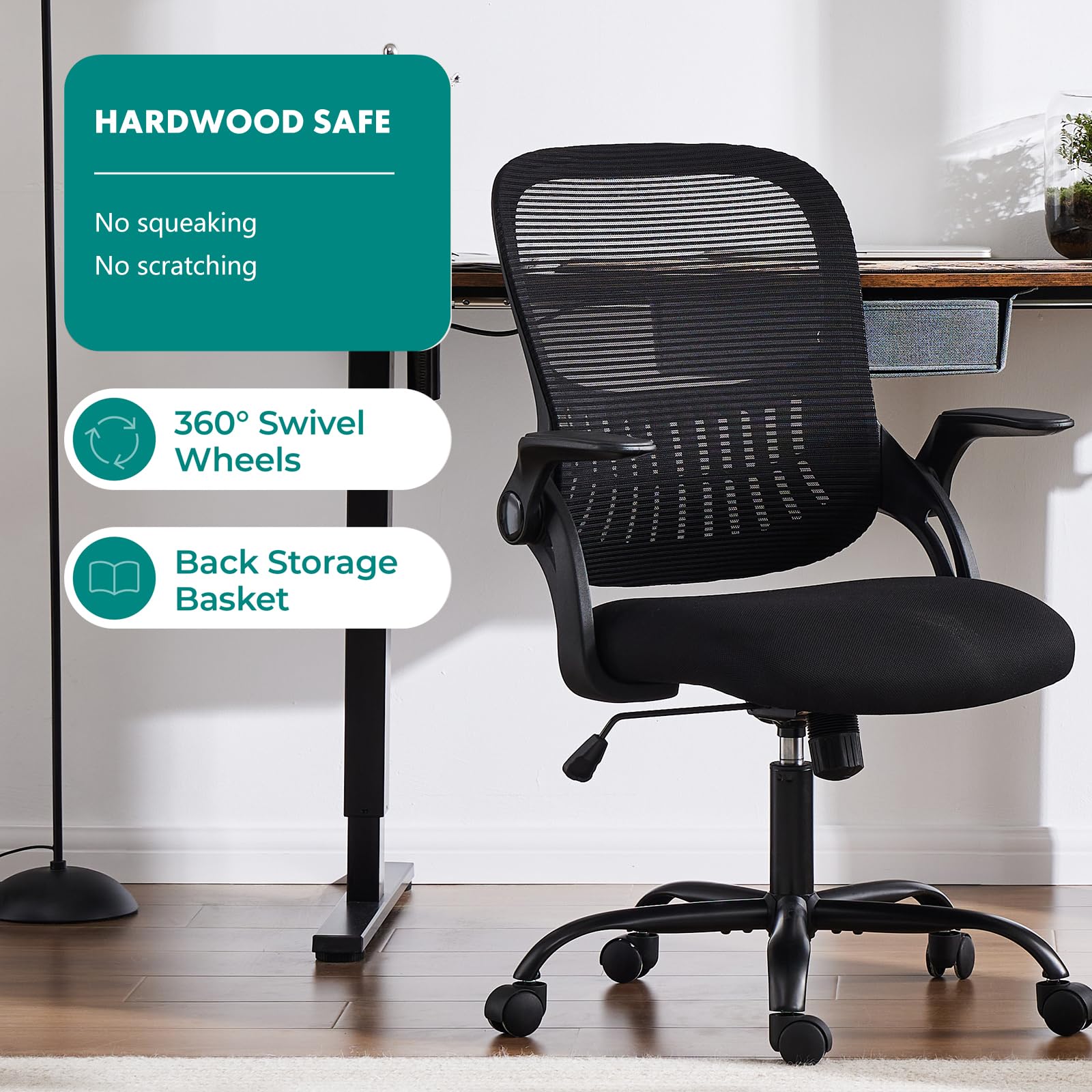 DUMOS Ergonomic Office Chair with Lumbar Support - Mid Back Mesh Computer Desk Chair with Wheels, Swivel & Flip-Up Arms for Home Office, Study, Bedroom - Comfortable Task Chair for Work & Gaming (Black)