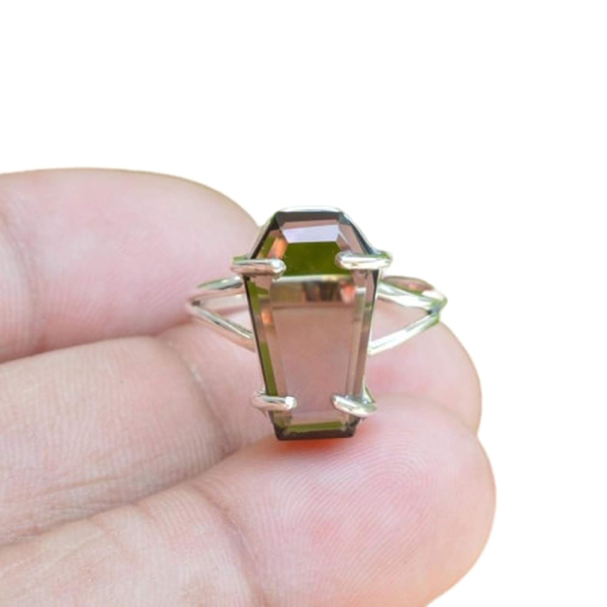 Gothic Coffin Ring with Smoky Quartz - 925 Sterling Silver Boho Statement Jewelry - Handmade Anniversary Gift for Women - Perfect for Everyday Wear, Halloween & Gothic Fashion