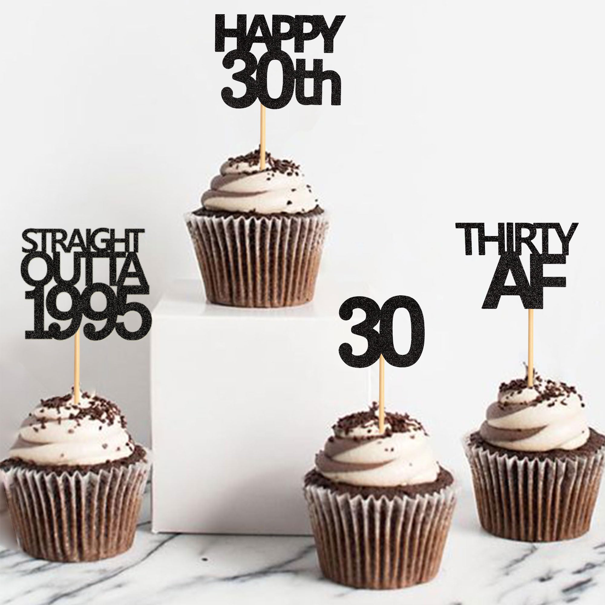 48 Pack Black Straight Outta 1995 Cupcake Toppers - Happy 30th Birthday Party Decorations, Thirty AF Cupcake Toppers for 30th Anniversary, Retro 90s Theme Party Supplies (Perfect for 1995 Birth Year Celebrations, Milestone Birthdays, and Nostalgic 90s Parties)