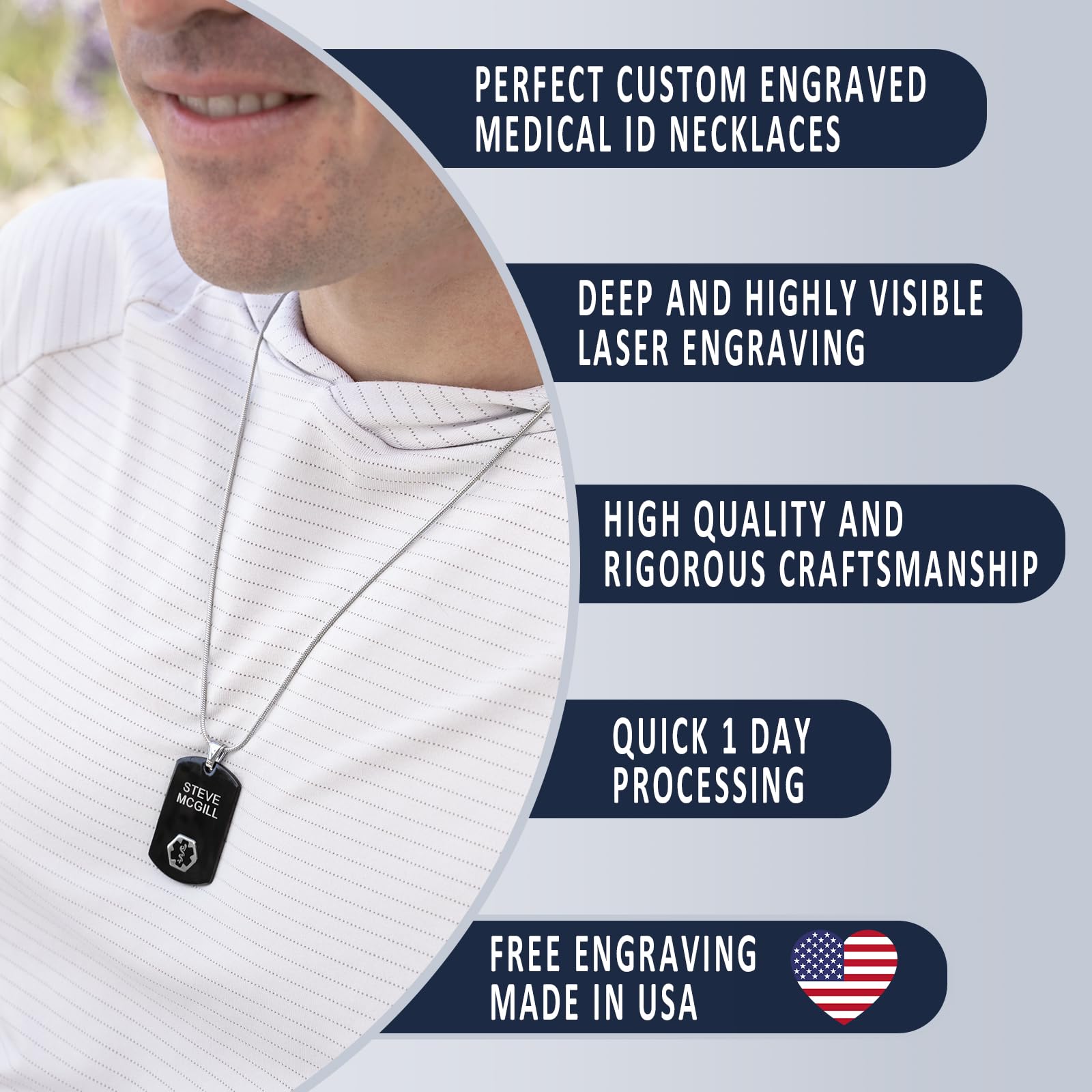 Divoti Custom Engraved Medical Alert Necklace for Men - Black & Silver Stainless Steel Medical ID Jewelry with Emergency Info - Perfect for Seniors, Diabetics & Allergy Sufferers (Ideal for Daily Wear & Emergency Situations)