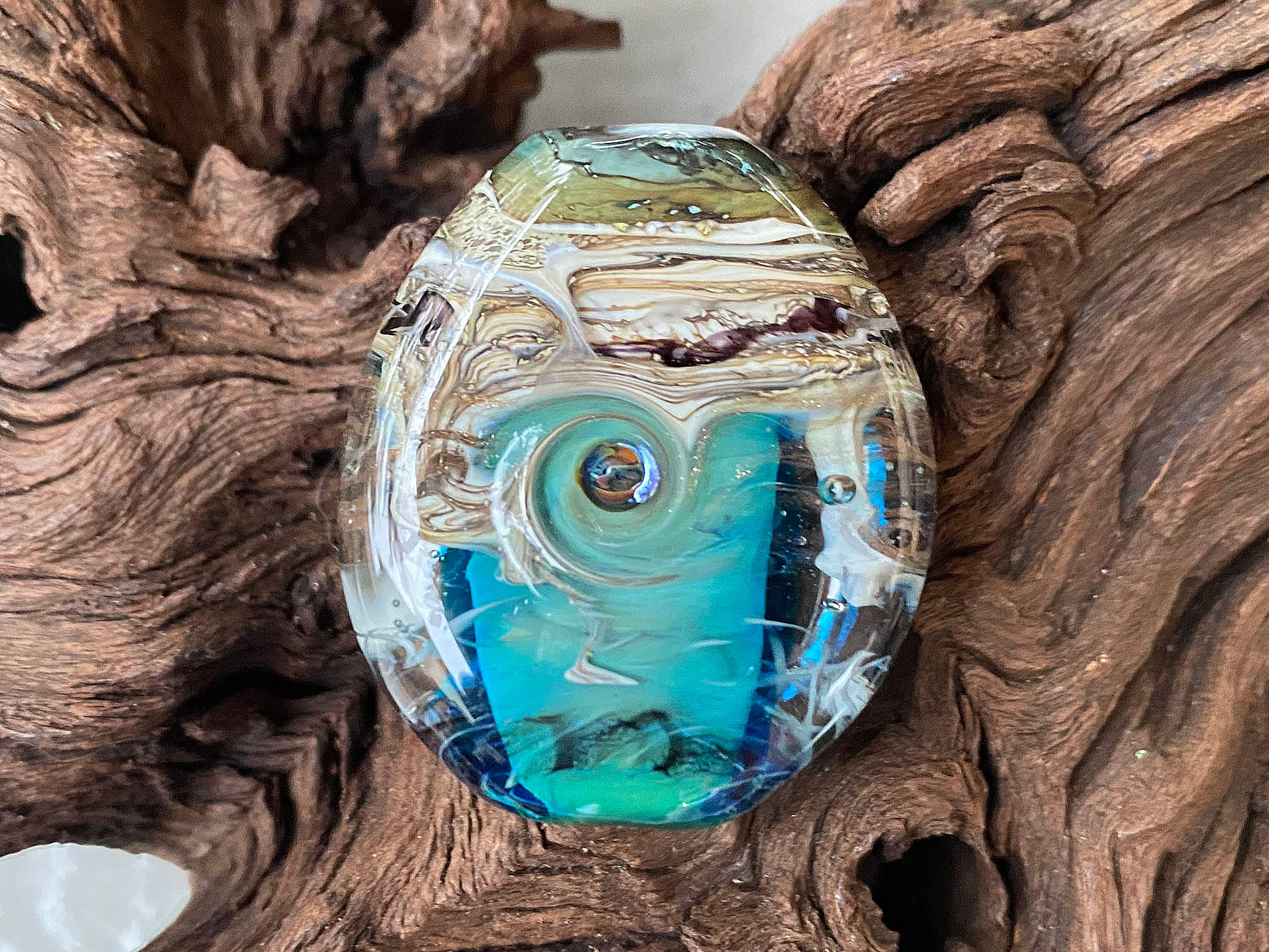 Handmade Aqua Blue Ivory Organic Lampwork Glass Focal Bead - Unique Artisan Jewelry Making Supplies for Necklaces, Bracelets & DIY Crafts