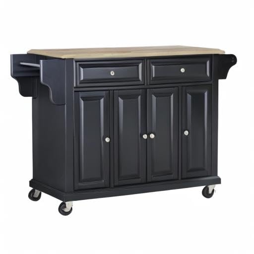 Crosley Wood Top Rolling Kitchen Island Cart - Full Size Microwave Stand with Spice Rack, Black | Perfect for Small Kitchen Storage & Food Prep Station