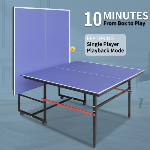 Regulation Size Folding Ping Pong Table with 2 Paddles & 3 Balls | Portable Indoor/Outdoor Table Tennis Set with Net & Wheels | Perfect for Home, Office, Backyard & Game Room (Blue)