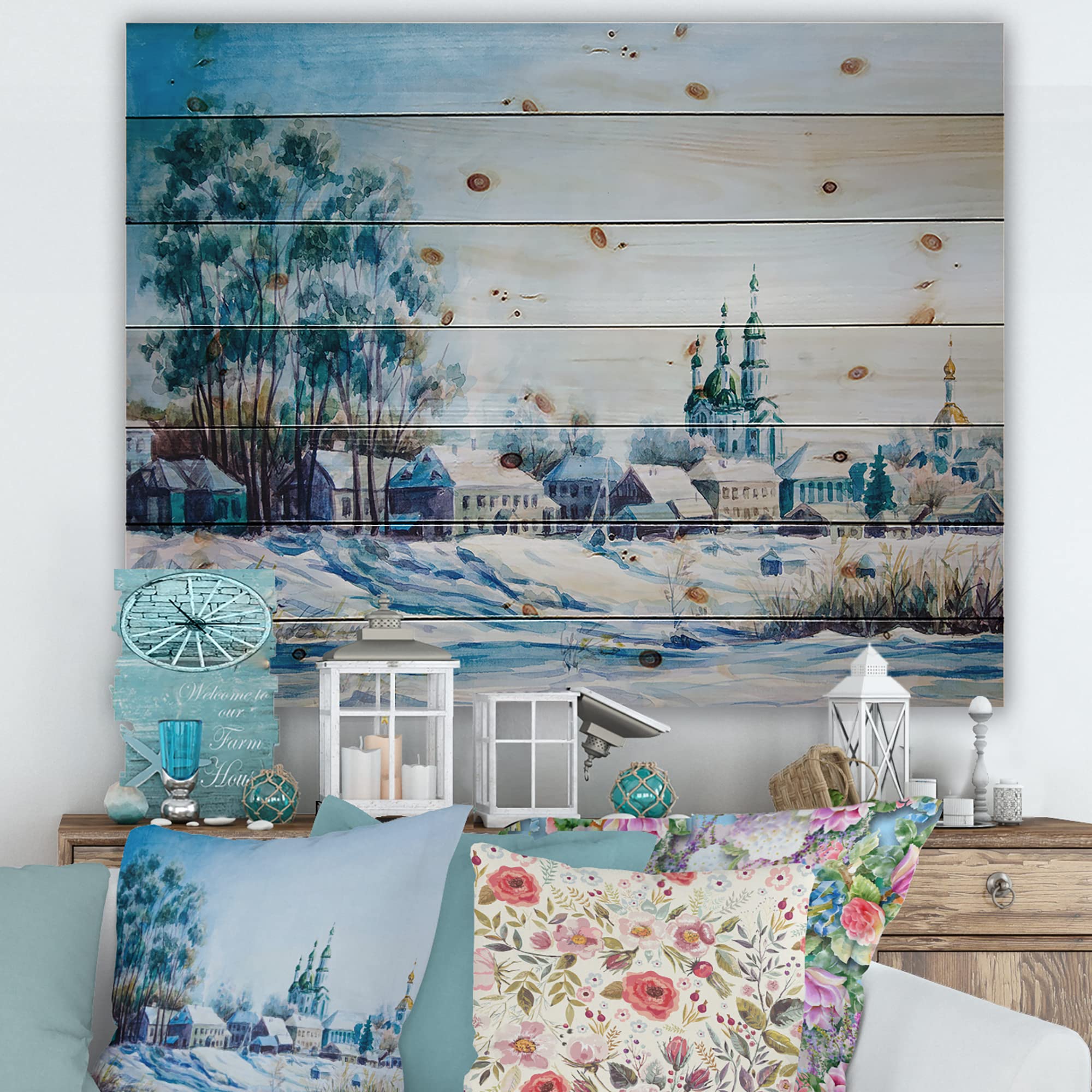 DesignQ Winter Small Town Traditional Wood Wall Decor - Blue Landscape Wood Wall Art Panel, Large Pine Wood Wall Hanging for Living Room, Bedroom & Office Decor