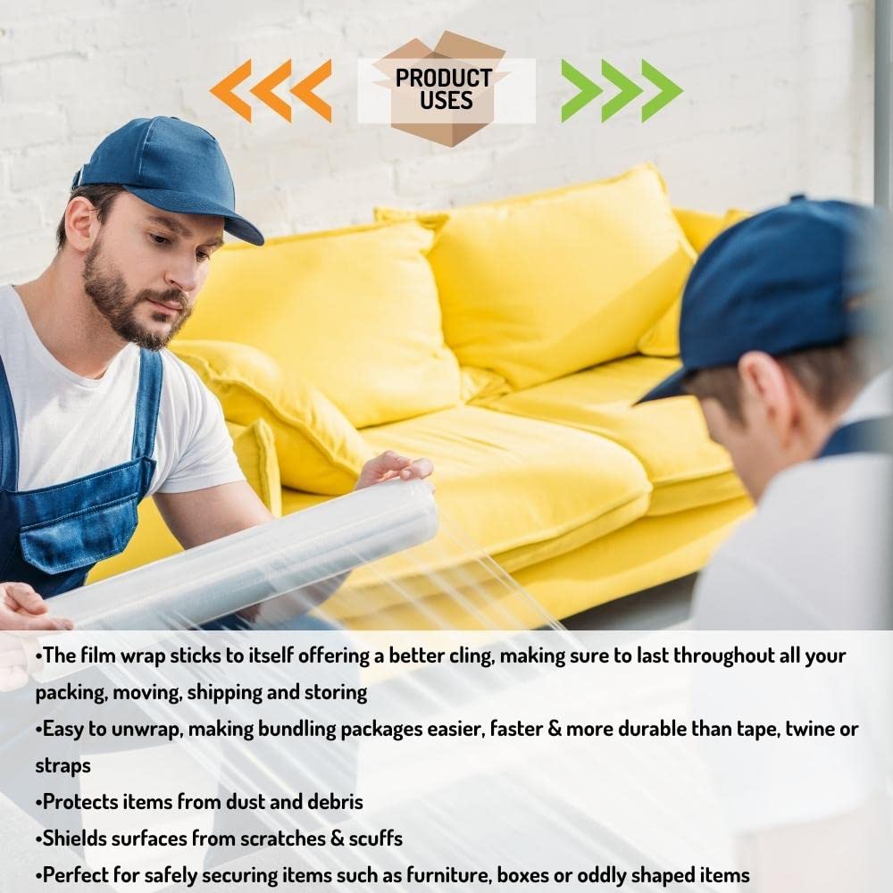 PSBM Stretch Wrap - 8 Pack, 18 Inch x 1500 Feet, 75 Gauge Clear Plastic Cling Film for Moving, Packing & Pallet Wrapping - Heavy Duty Cast Hand Stretch Film Rolls for Secure Shipping & Storage