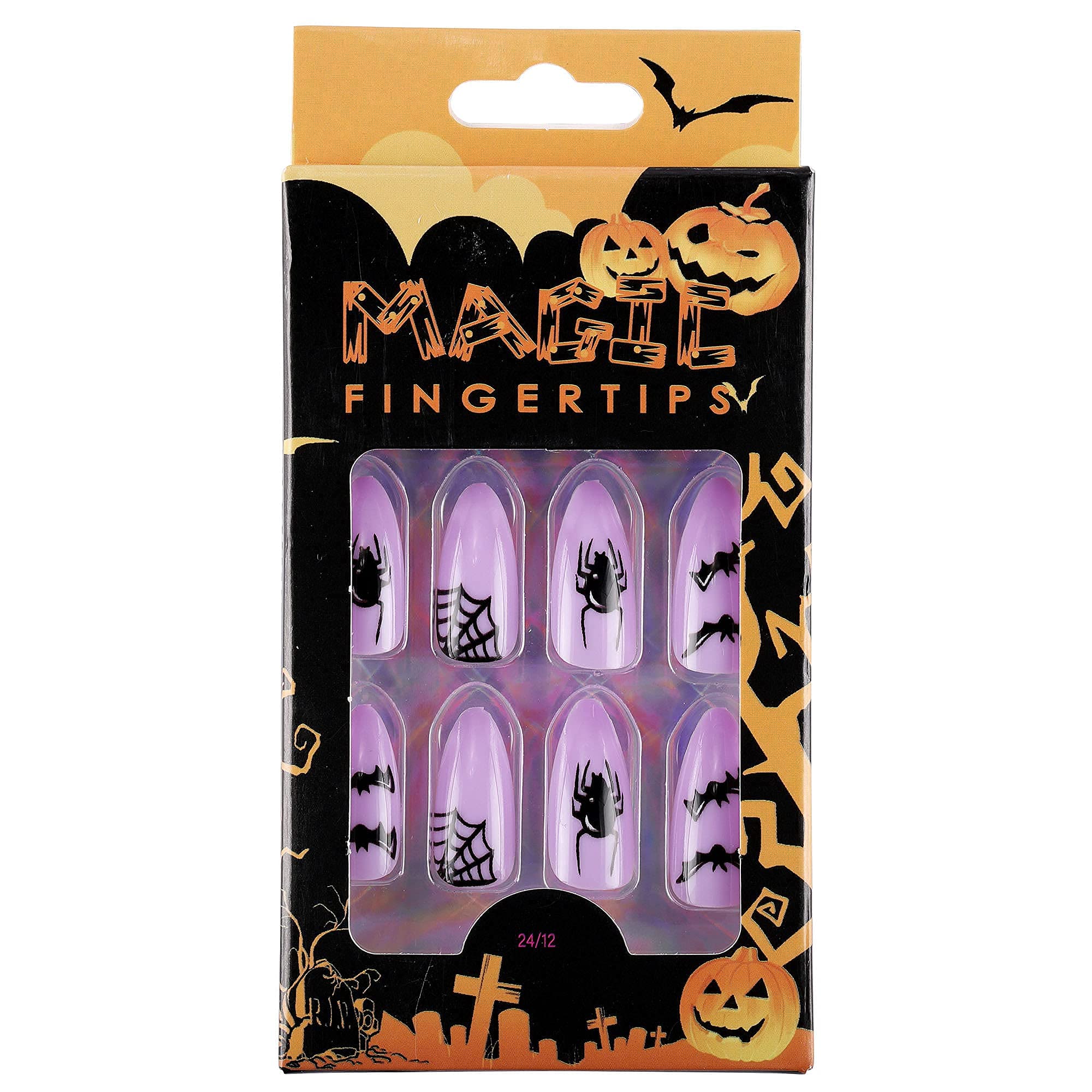 Aethland Halloween Coffin Fake Nails - 24pcs Medium Length Full Cover Artificial Nails | Spooky Spider Design for Nail Art, DIY, Salon | Includes 2g Glue | Perfect for Women's Halloween Party, Cosplay & Gothic Nail Styles