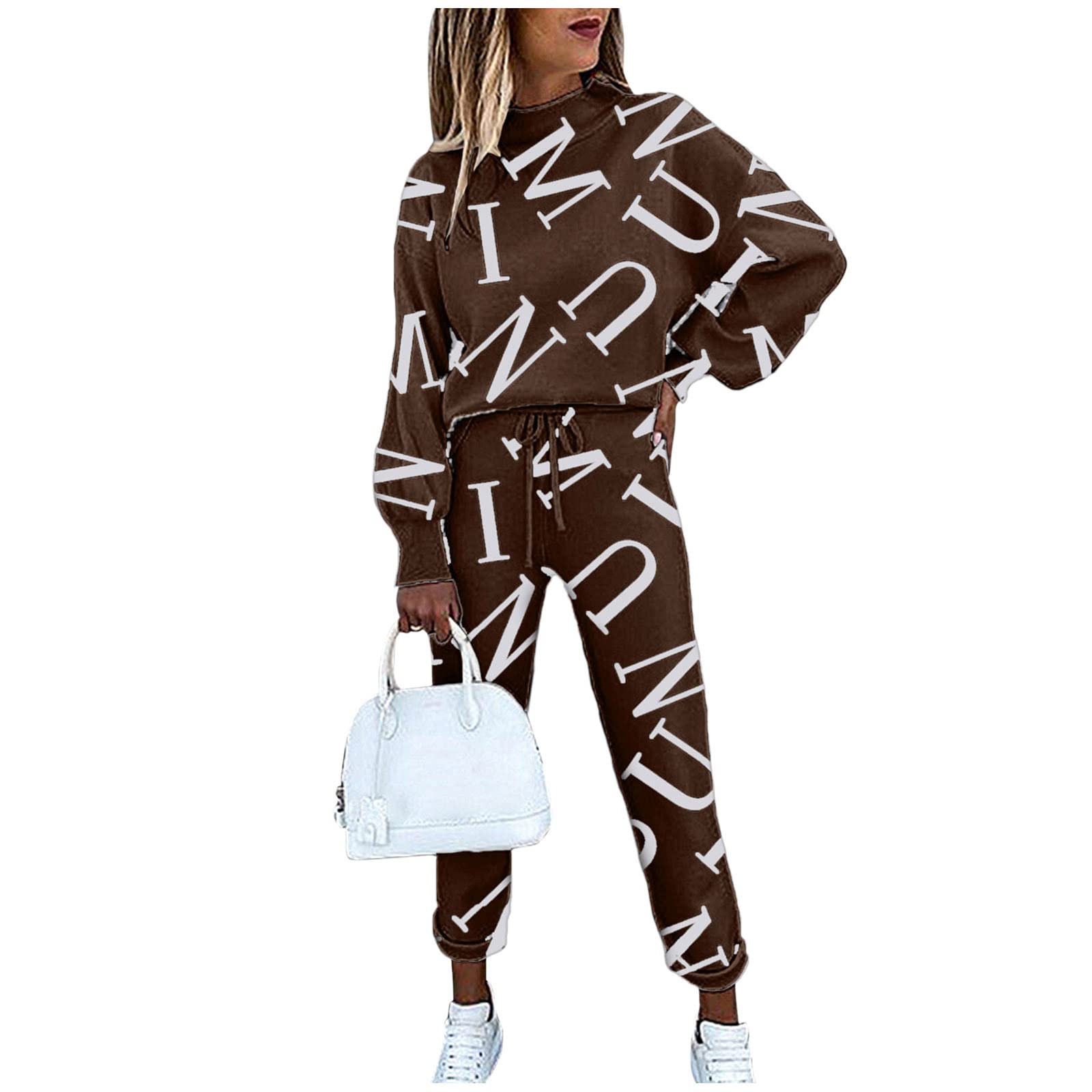 Women's Printed 2-Piece Long Sleeve Pullover & Drawstring Joggers Set - Winter Snowboard Outfit for Women | Casual Wear, Snow Sports & Outdoor Activities