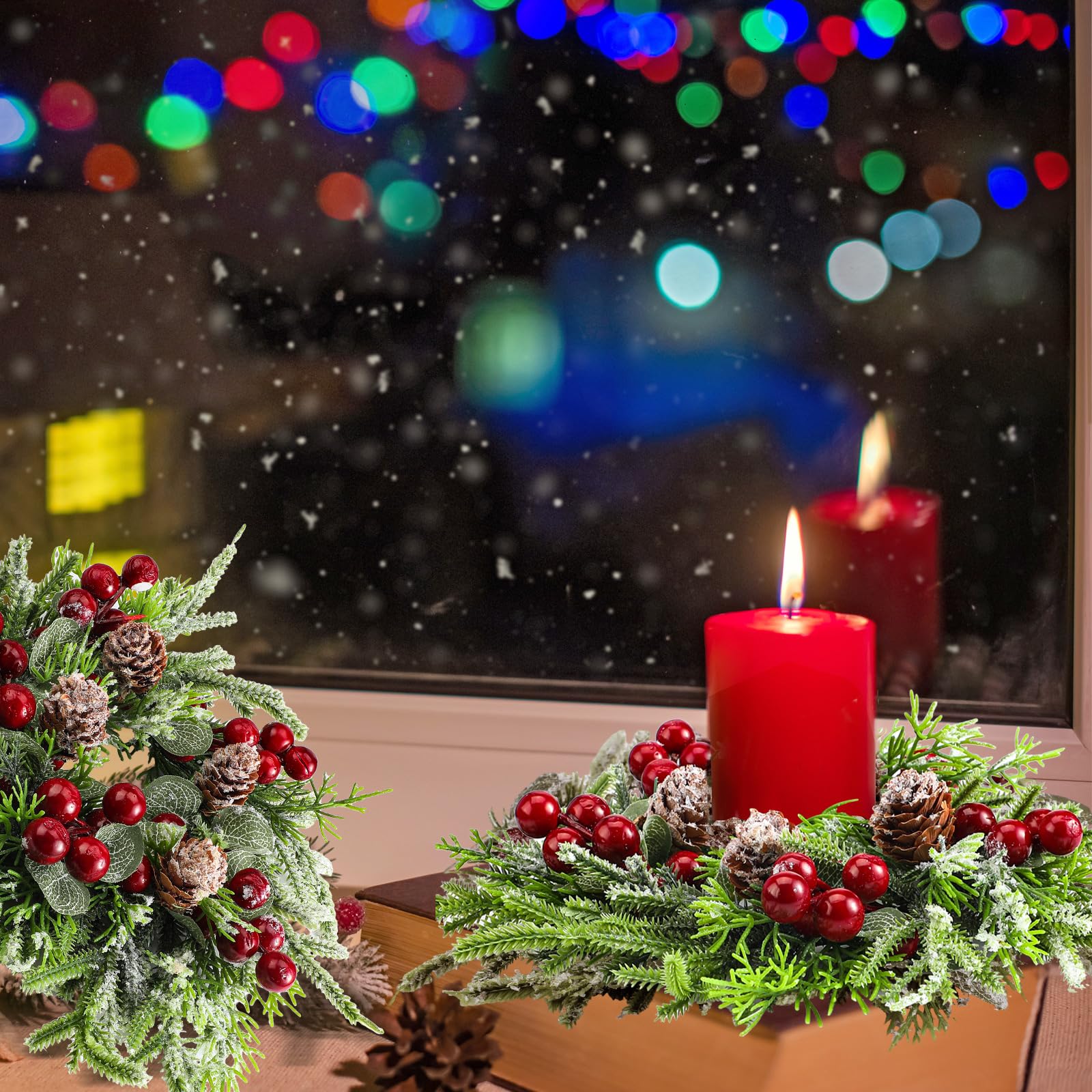 Lyrow 24 Pcs Christmas Candle Rings - Norfolk Pine Garland with Red Berries & Pinecones, Artificial Snowy Wreath for Candle Holders - Perfect for Christmas Decor, Wedding Centerpieces, and Holiday Table Decorations