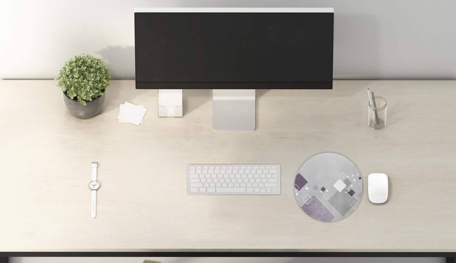 Ambesonne Abstract Mouse Pad for Computers - Geometric Design with Colorful Squares, Stripes, Dots & Rhombus - Non-Slip Thick Rubber Base - 8 Inch Round Gaming Mousepad in Grey, Purple & White - Perfect for Office, Gaming & Home Workspace