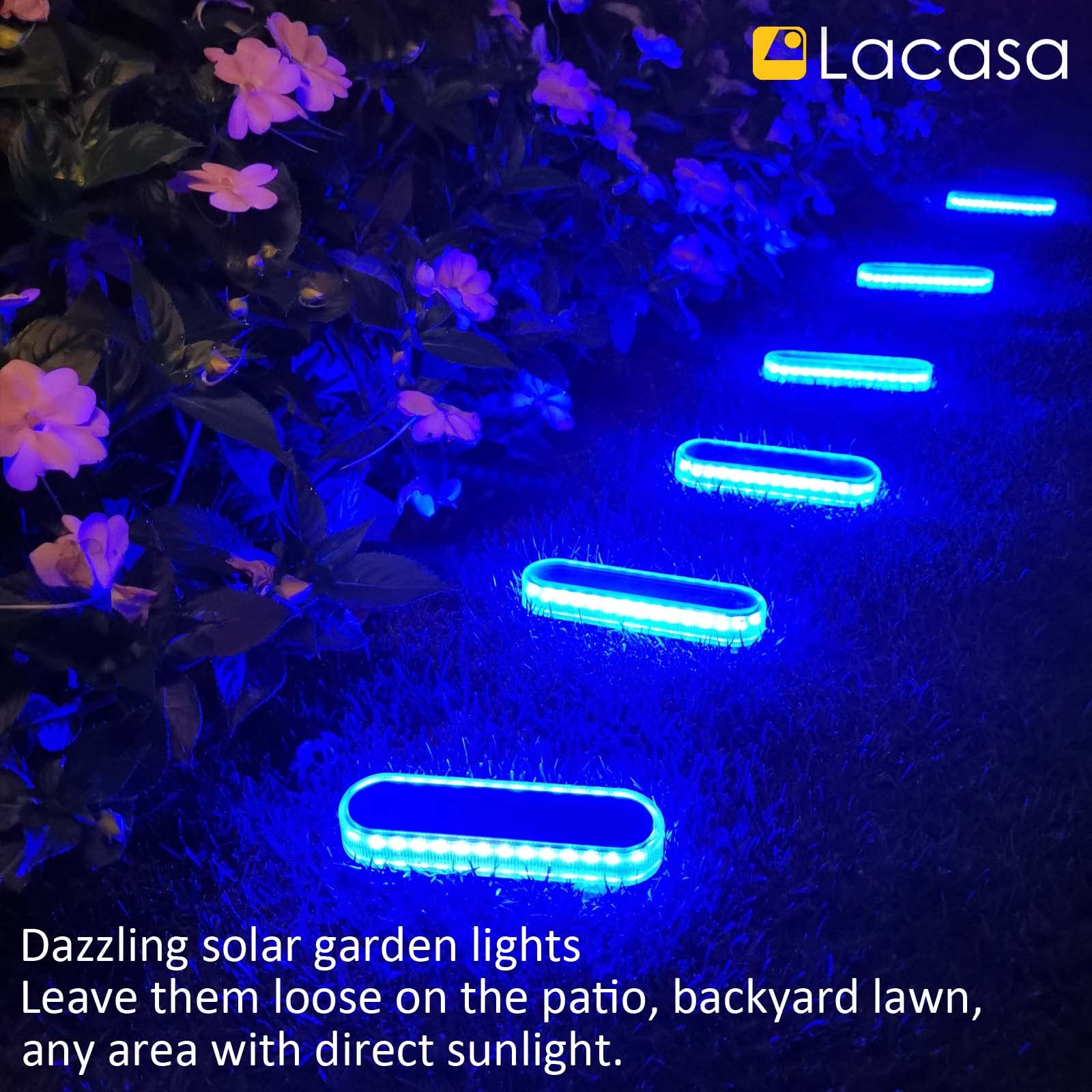 Lacasa Solar Deck Lights 4 Pack - 40LM Waterproof LED Outdoor Step Lights for Garden, Stairs, Driveway & Pathway - IP68 Auto ON/Off Solar Powered Blue Lighting (Perfect for Landscape, Dock & In-Ground Installation)