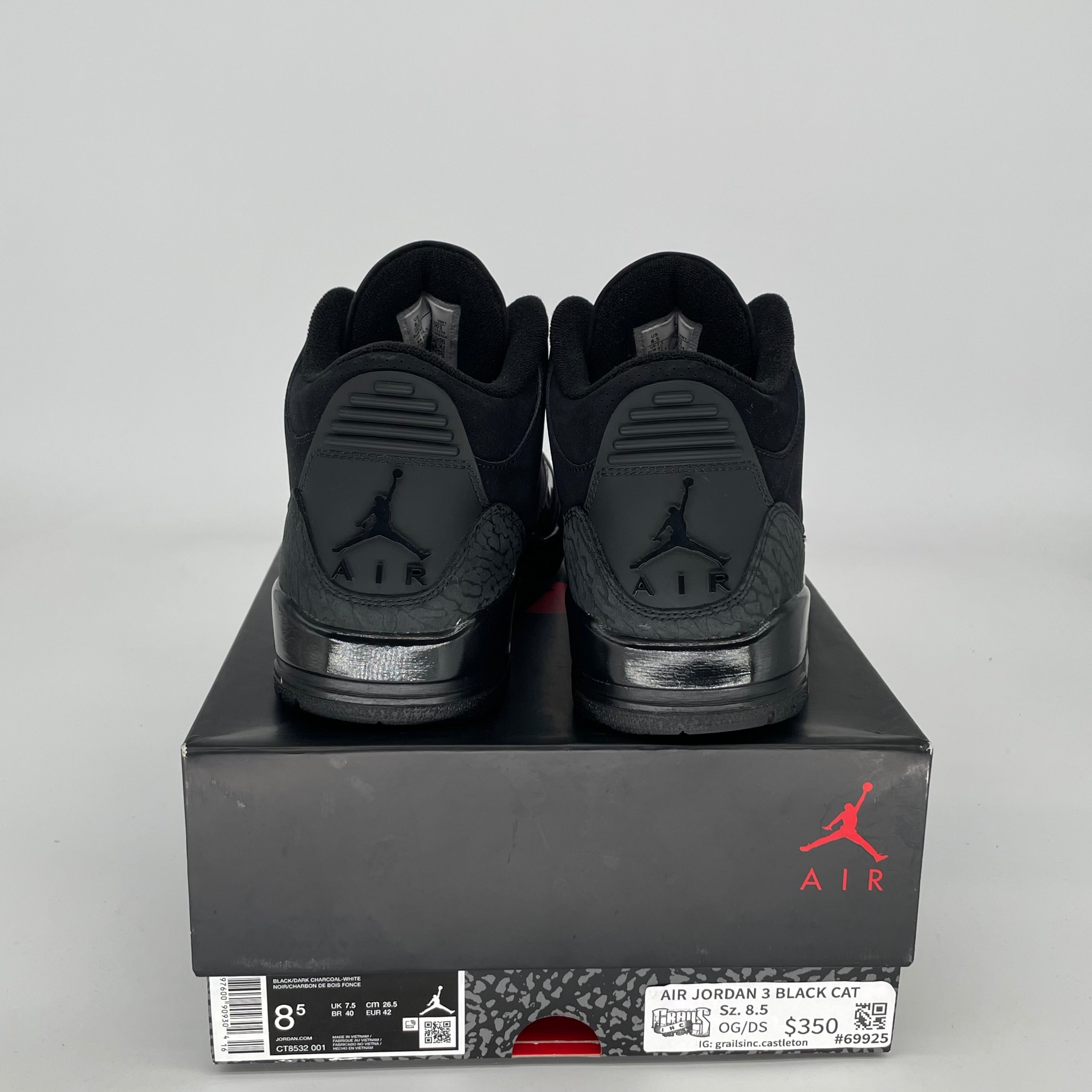 Original Air Jordan 3 Retro 'Black Cat' Men's Basketball Shoes Size 8.5 (CT8532-001) - Stylish Sneakers for Streetwear & Casual Outfits