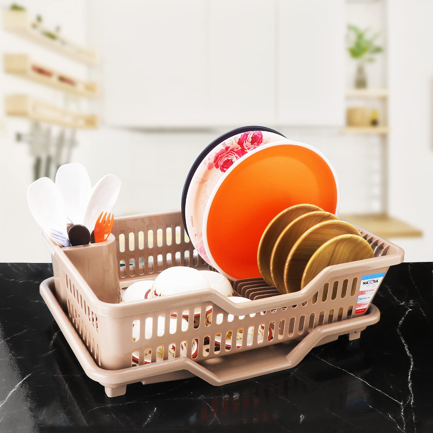Nayasa Dimple Plastic Kitchen Utensil Drying Rack with Tray | Dish Stand & Cutlery Holder | Small Size 45x30x16cm | Sturdy & Durable Brown Organizer | Perfect for Kitchen Countertop, Dish Drying, and Utensil Storage