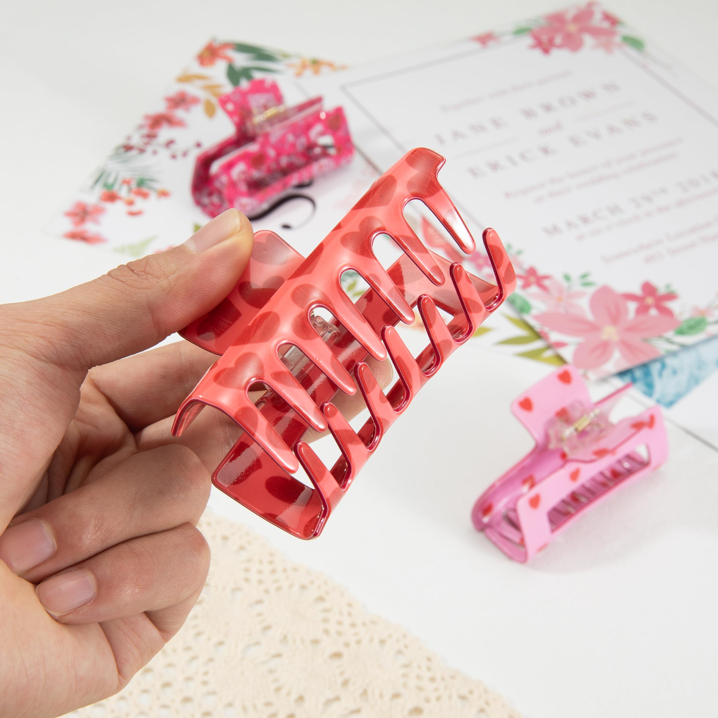 Valentine's Day Heart Hair Claw Clips for Women - 3PCS Pink, Hot Pink, Rosy Candy Acrylic Hair Clips, Non-Slip Medium Size (3 Inch) for Thin or Thick Hair - Perfect for Valentine's Gifts, Date Nights, and Everyday Styling