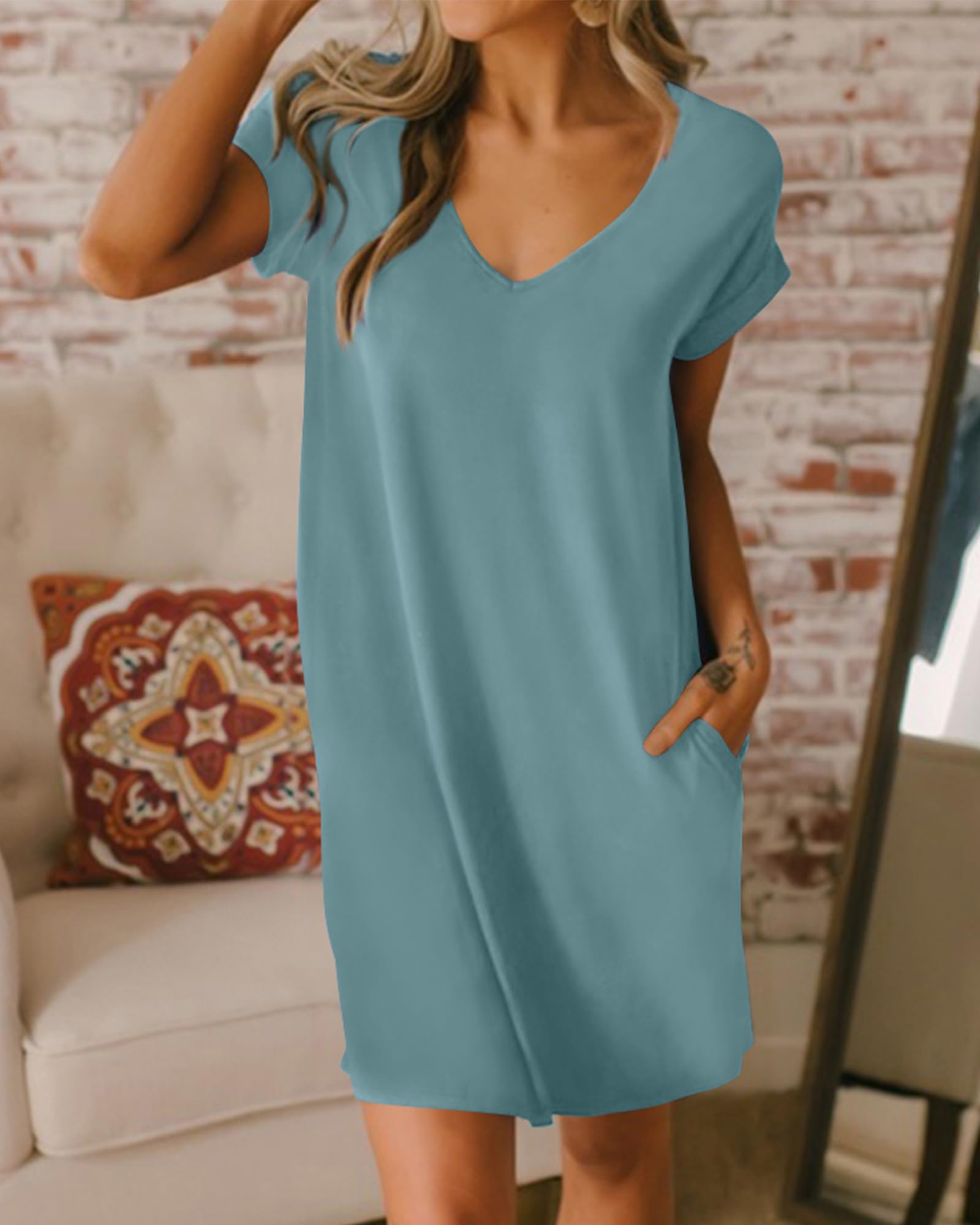 BTFBM Women's V-Neck Short Sleeve Summer Dress 2025 - Spring Casual Loose Tunic T-Shirt Dress with Pockets | Lounge, Sleepwear & Everyday Wear