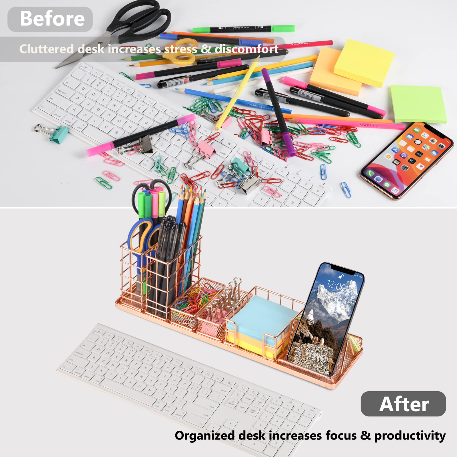 Stylish Rose Gold Desk Organizer Set - Office & Home Desk Accessories with Pen Holder, Phone Stand, Sticky Note Tray & Paperclip Storage | Perfect for Work, Study & Home Office Organization
