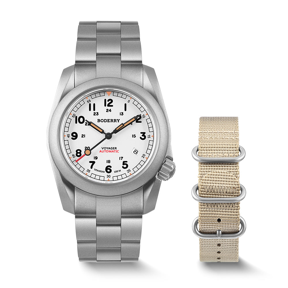 VOYAGER 100M Waterproof Titanium Automatic Military Field Watch with White Bracelet - Durable Outdoor Adventure, Hiking, and Diving Watch for Men