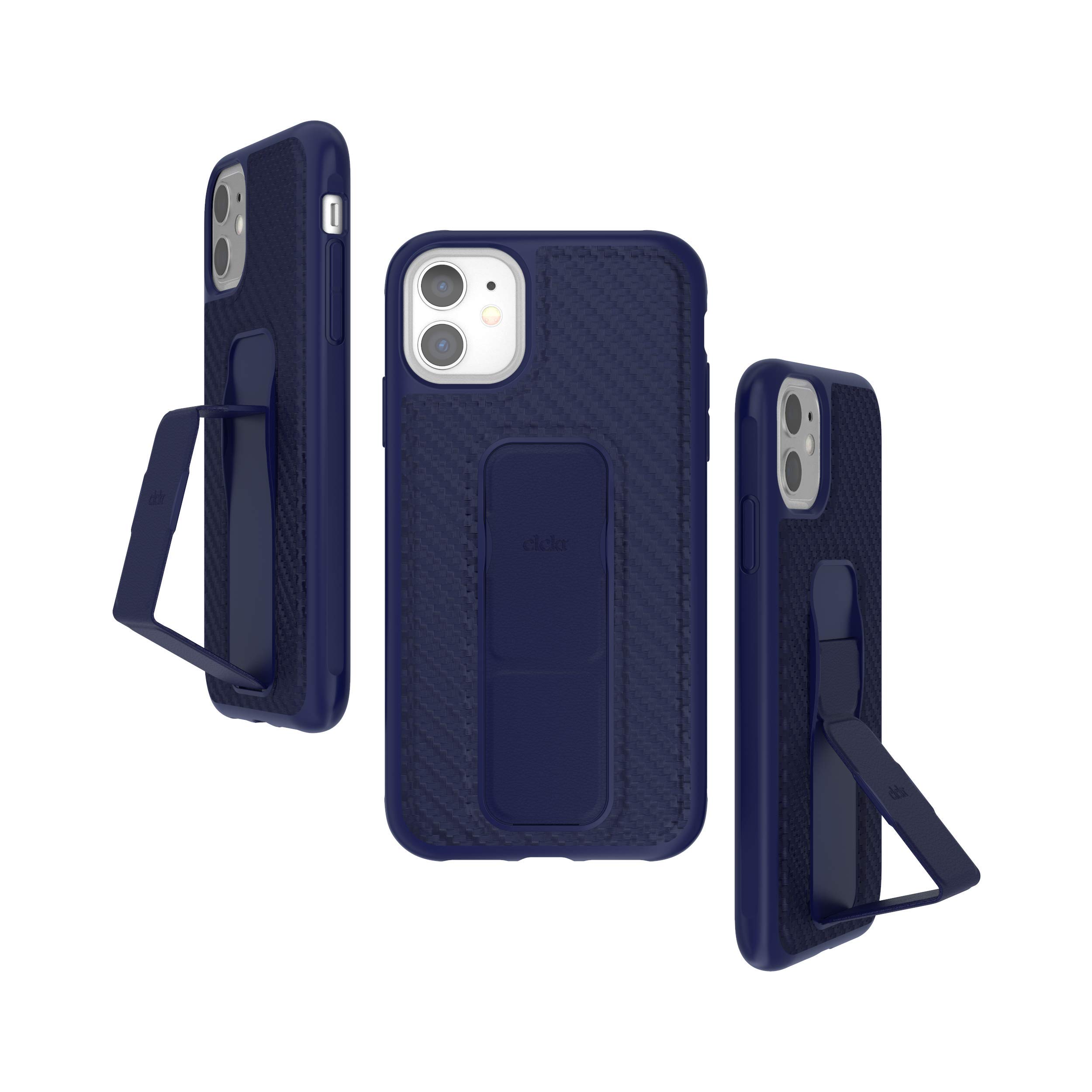 CLCKR iPhone 11 Case with Kickstand & Phone Grip - Carbon Fiber PU Blue Protective Cover with Expandable Stand | Perfect for Hands-Free Viewing, Gaming, and Video Calls