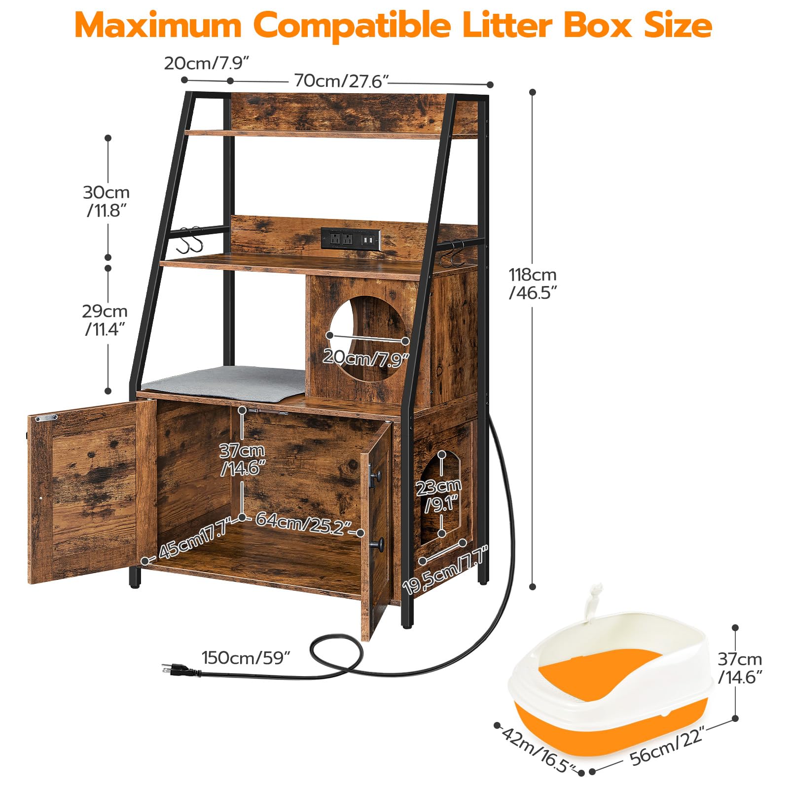 HOOBRO Large Cat Litter Box Enclosure with 2 Storage Shelves & Charging Station - Hidden Litter Box Furniture with Cat House & Plush Mat - Rustic Brown & Black BF70UMW01 - Perfect for Small Spaces & Multi-Cat Homes