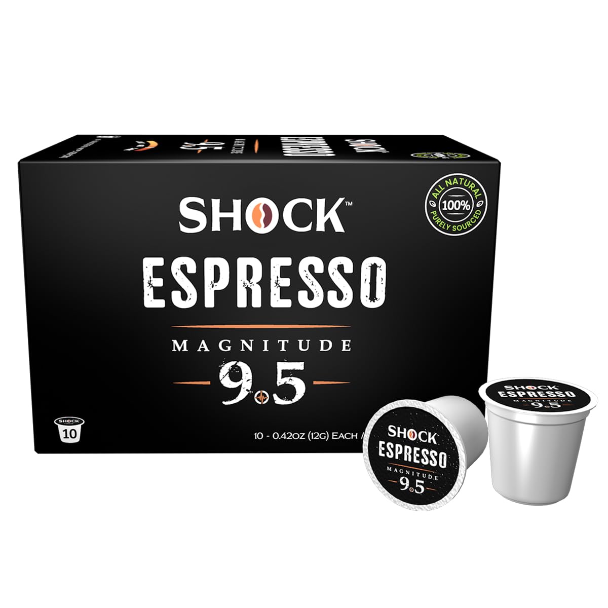Shock Coffee Espresso 9.5 Single Serve Cups - High Caffeine Strong Dark Roast Coffee Pods (10 Count) | Perfect for Home & Office Coffee Makers | Boost Energy for Workouts & Long Workdays
