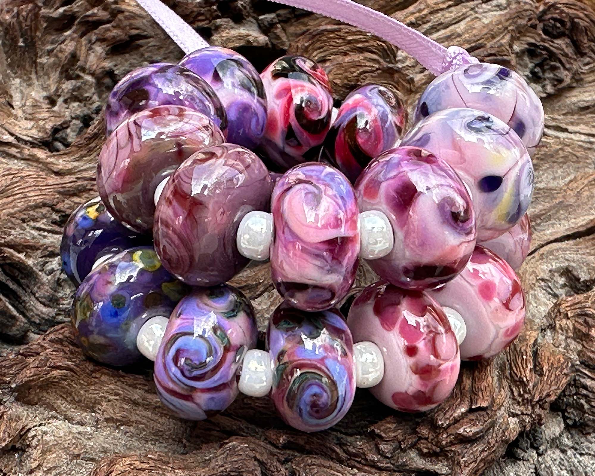 20 Pink Violet Swirl Lampwork Glass Beads Set for Jewelry Making - DIY Bracelet, Necklace & Craft Projects - SRA Certified Artisan Beads