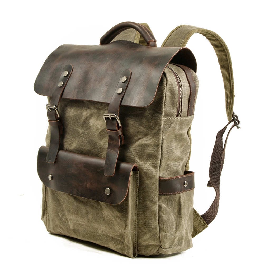 Durable Waxed Canvas & Genuine Leather Backpack - Green, Brown, Grey | Waterproof & Stylish for Outdoor Adventures, Travel & Daily Commute