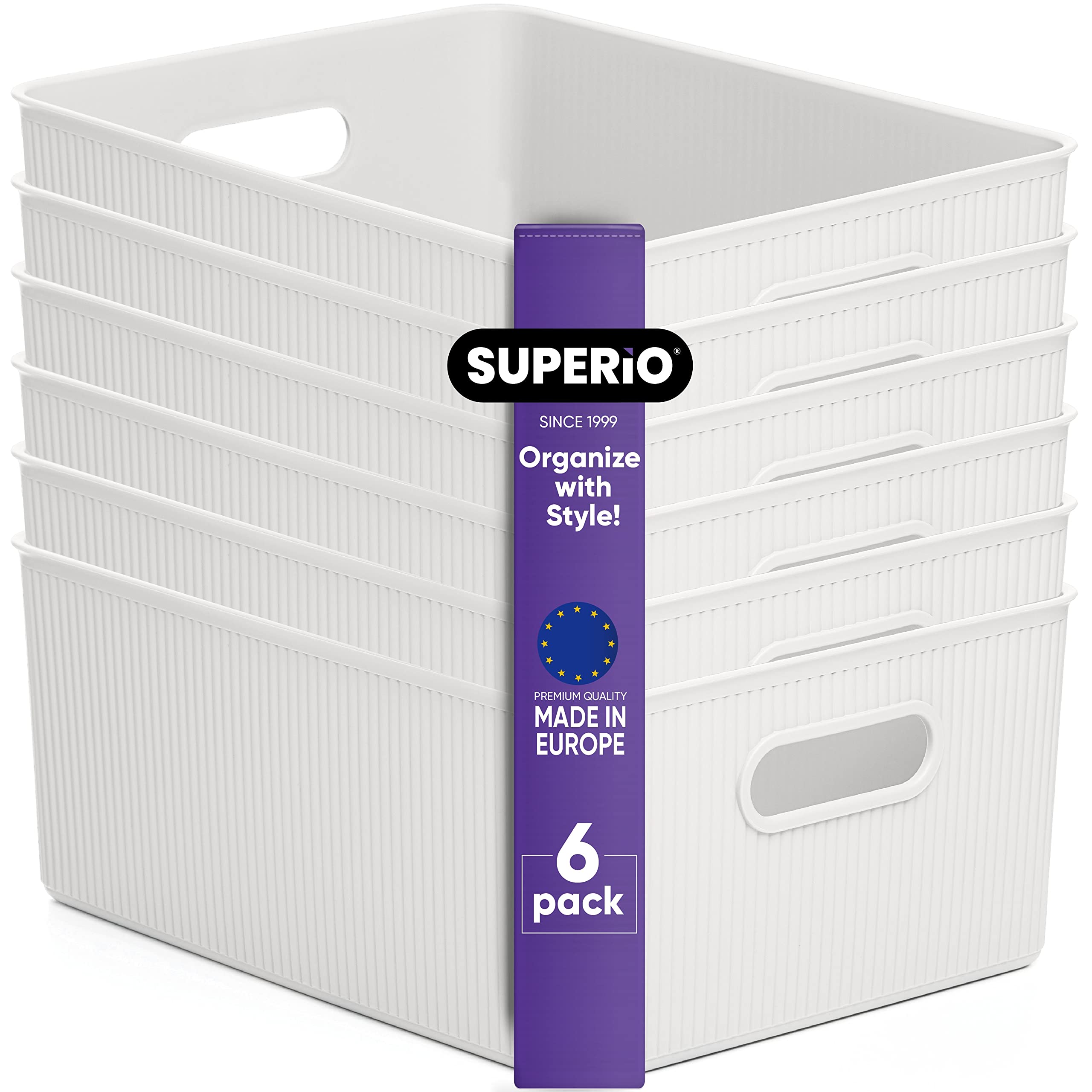 Superior Ribbed Plastic Storage Bins - 6 Pack White Organizer Baskets (15L/16Qt) for Home, Closet, Shelf & Drawer Organization | Space-Saving Decorative Containers for Bedroom, Bathroom & Office