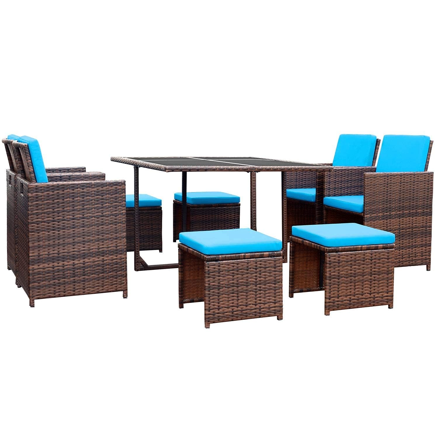 Devoko 9-Piece Outdoor Patio Dining Set - Space-Saving Rattan Chairs with Tempered Glass Table, Cushioned Seating & Back Sectional Conversation Set (Blue) - Perfect for Garden, Backyard, Balcony & Poolside Relaxation