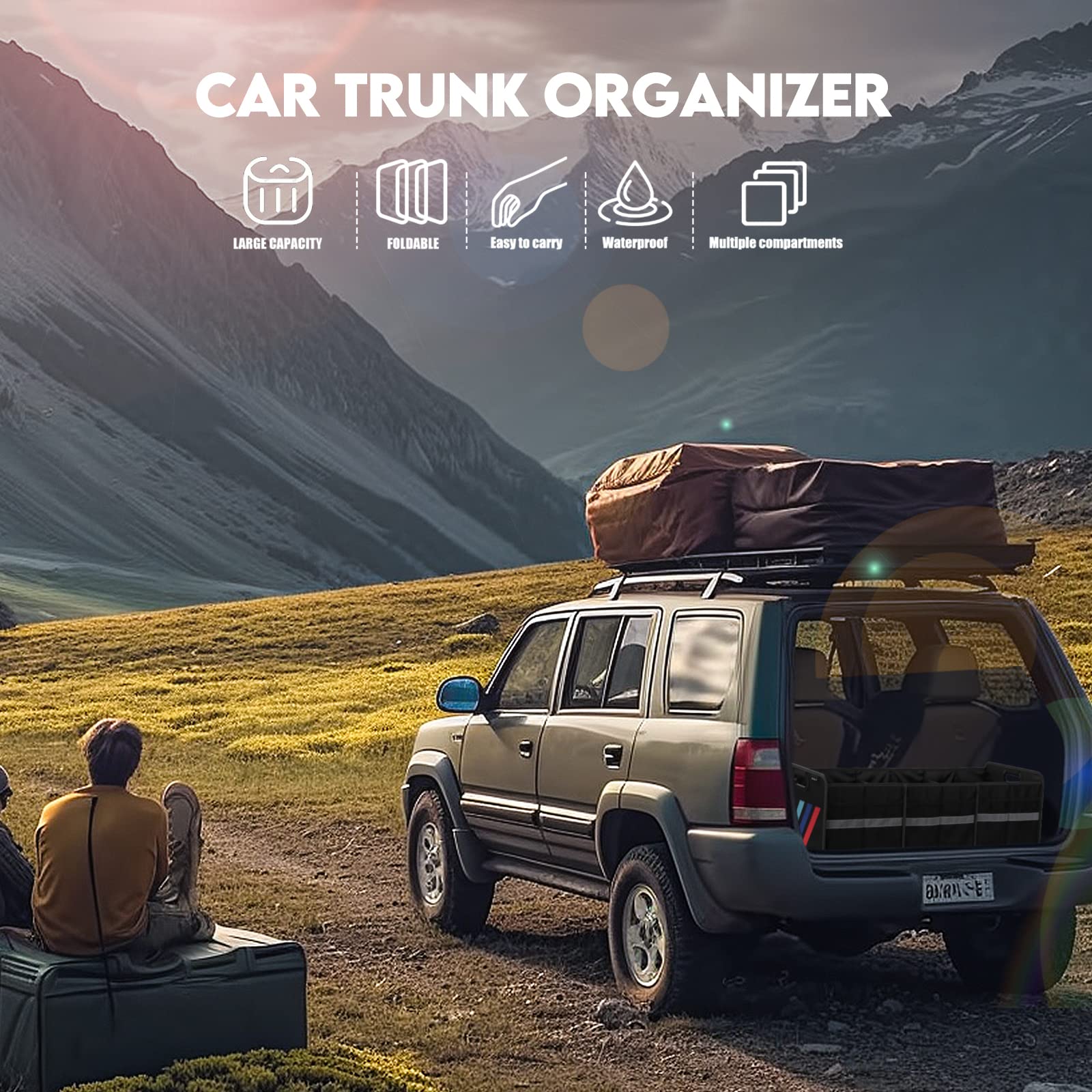Collapsible Trunk Organizer with Multiple Pockets - 3 Compartment Car Storage Organizer for SUV, Truck, Sedan - Perfect for Road Trips, Grocery Shopping & Travel Accessories