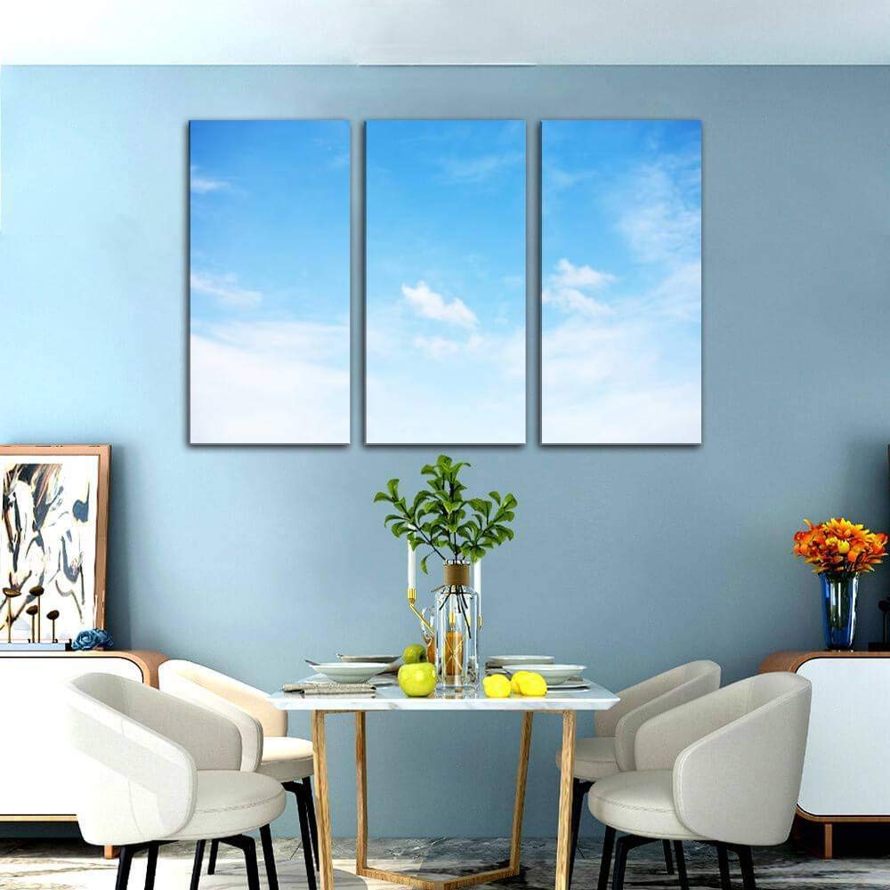 Blue Sky and White Clouds Soft Focus Canvas Wall Art - 3 Panel Landscape Paintings for Living Room & Bedroom Decor - Nature Inspired Home Wall Decor Posters | Perfect for Zen Spaces, Office Relaxation & Nursery Wall Decoration