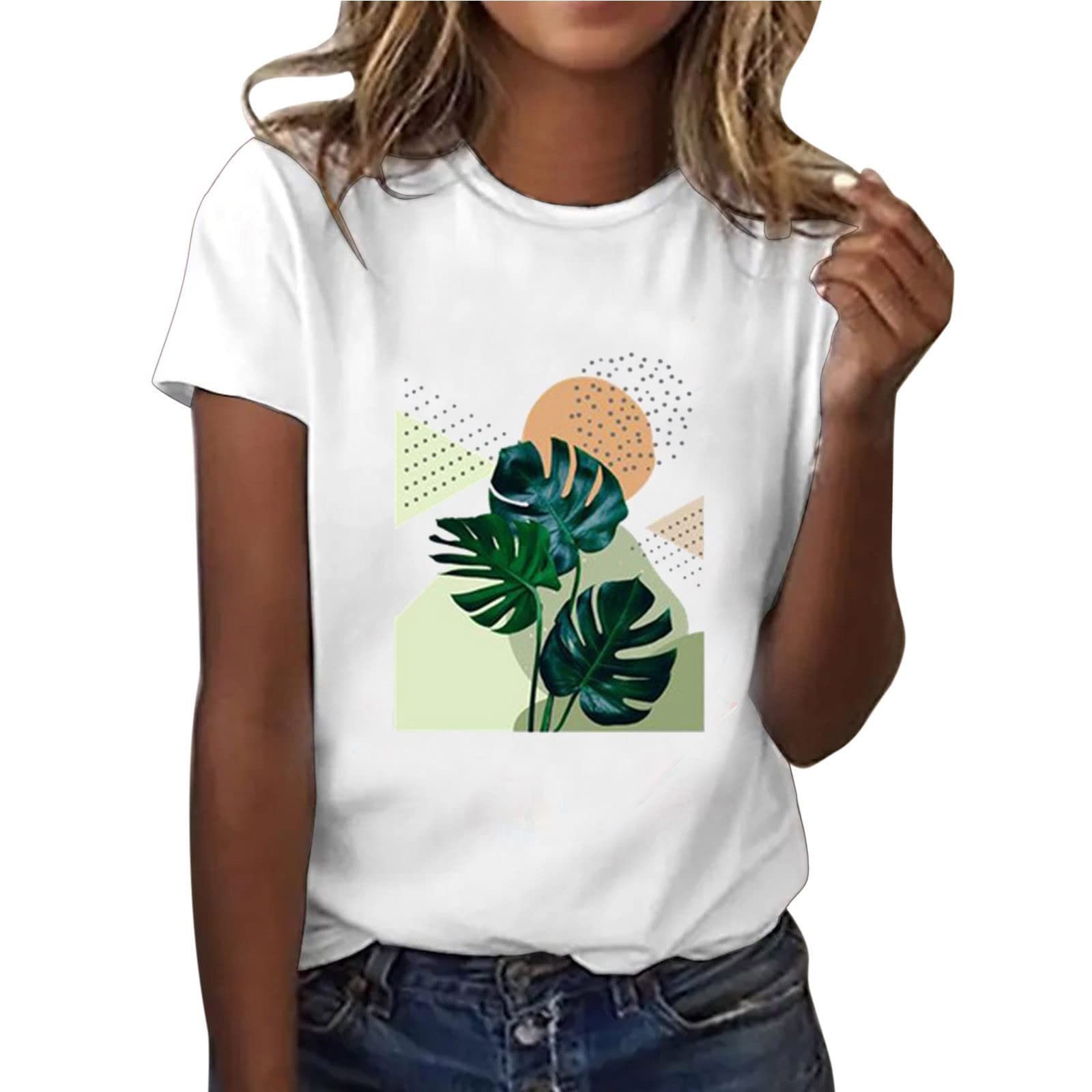 Women's Casual Printed Crewneck Short Sleeve T-Shirt - Summer White Tunic Top for Leggings | Perfect for Yoga, Running & Everyday Wear