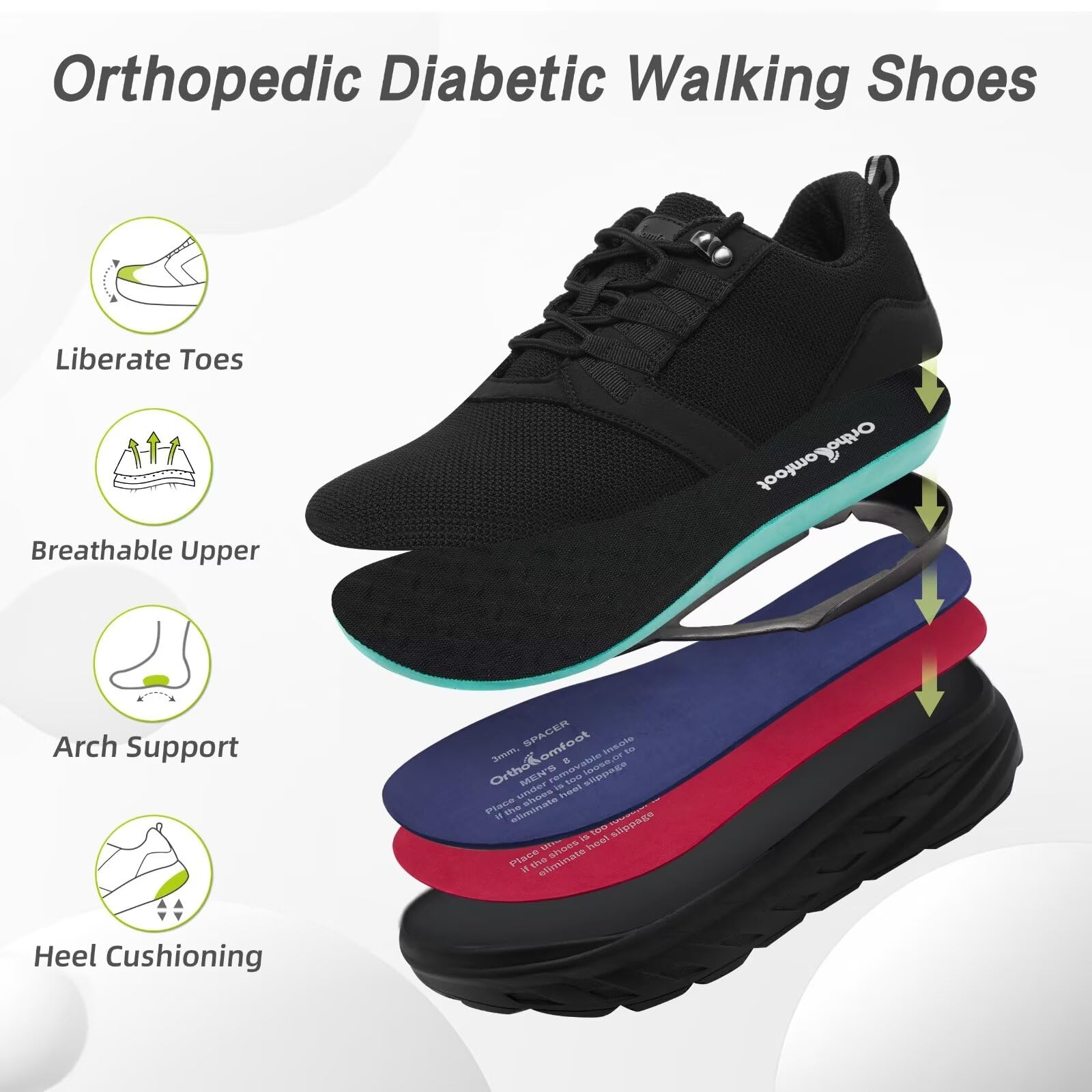 Orthopedic Diabetic Wide Walking Shoes for Men - Comfortable Plantar Fasciitis Sneakers with Arch Support | Hammer Toe Relief & Swollen Foot Pain | Work, Sports & Casual Wear | Ideal for Heel Pain, Foot Pain & Daily Comfort