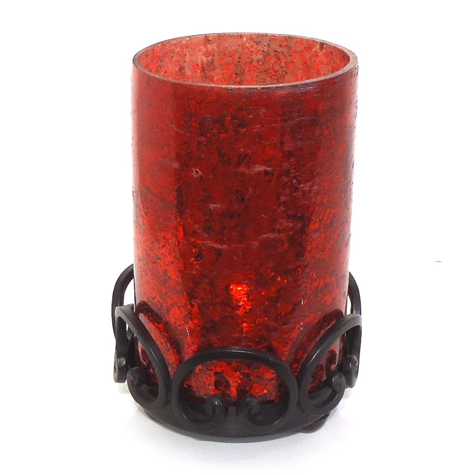 Elegant Red Glass Hurricane Candle Holder with Sturdy Iron Base - Perfect for Wedding, Party, and Home Decor