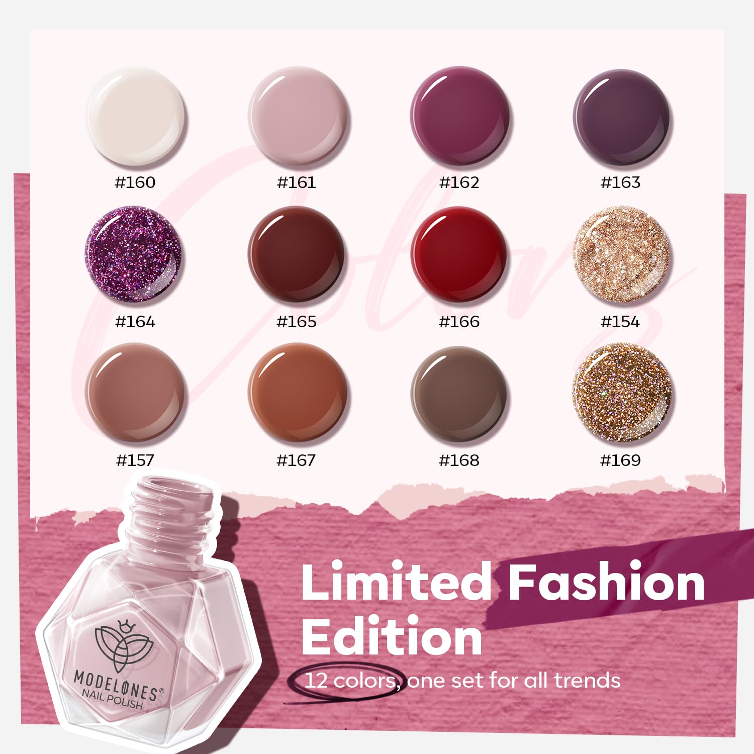 Modelones 12 Colors Nail Polish Set - Burgundy Red, Champagne Gold Glitter, Dark Red, Purple Shimmer, Brown | Long Lasting Gel Polish Kit for DIY Manicure at Home | Perfect for Valentine's Day, New Year 2025 Gifts for Women & Girls