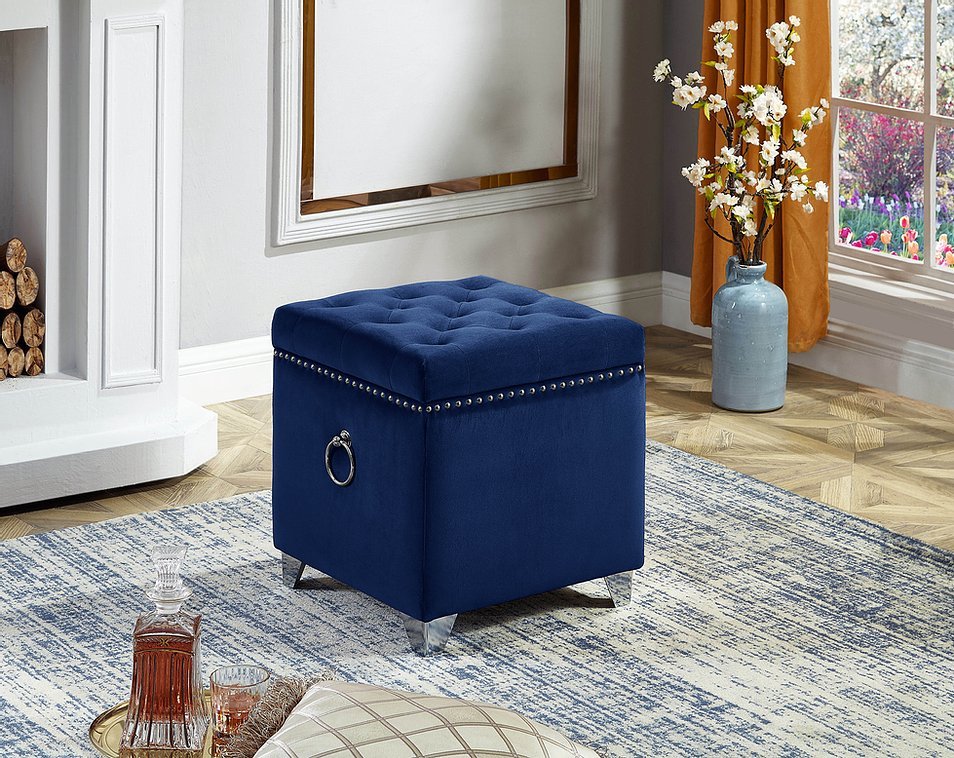 Blue Velvet Storage Ottoman with Deep Tufting - Stylish Footrest & Hidden Storage Bench for Living Room, Bedroom & Dorm | Multi-Functional Seat & Organizer