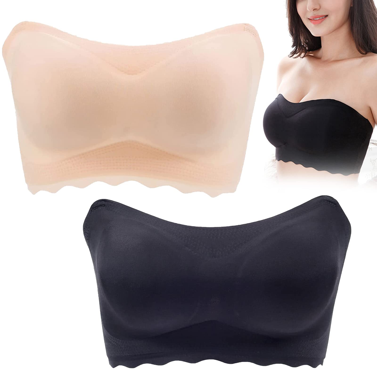 Betty Strapless Push Up Bra for Women - Wireless Convertible Bandeau Bralette, Seamless Lift Up Bra in Black & Skin, Size XL - Perfect for Backless Dresses, Weddings & Special Occasions