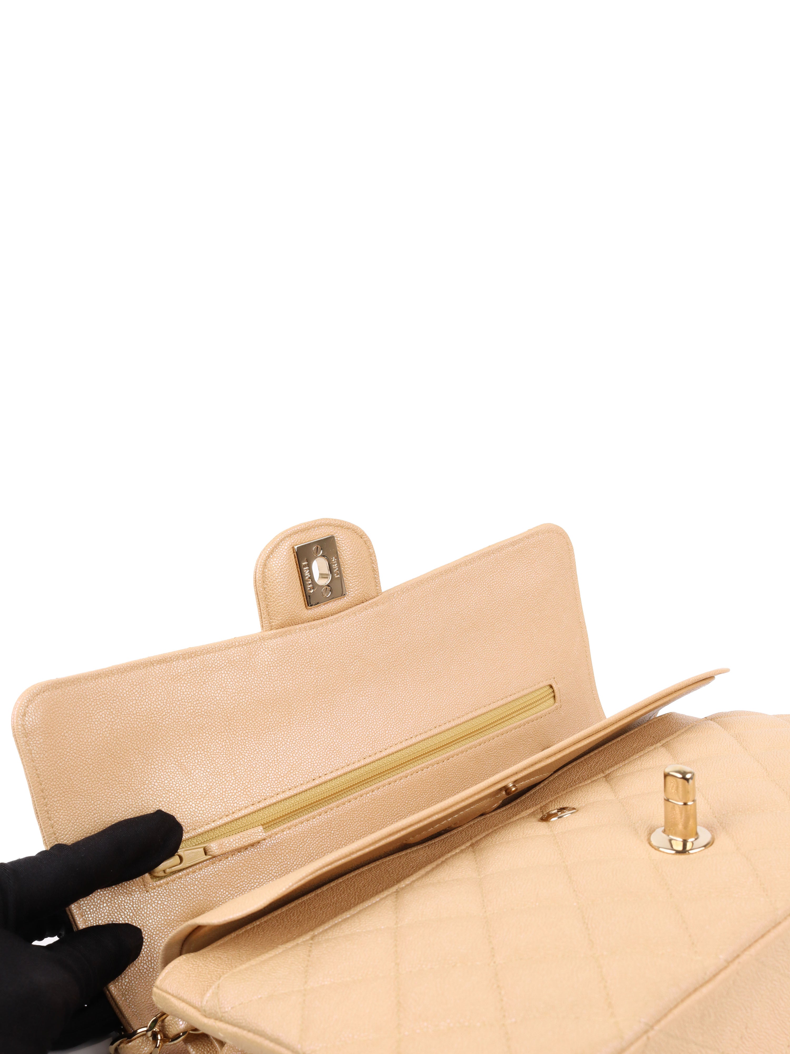 Chanel Iridescent Beige Caviar Medium Double Classic Flap Bag with Light Gold Hardware - Luxury Shoulder Bag for Women, Perfect for Parties, Weddings & Special Occasions