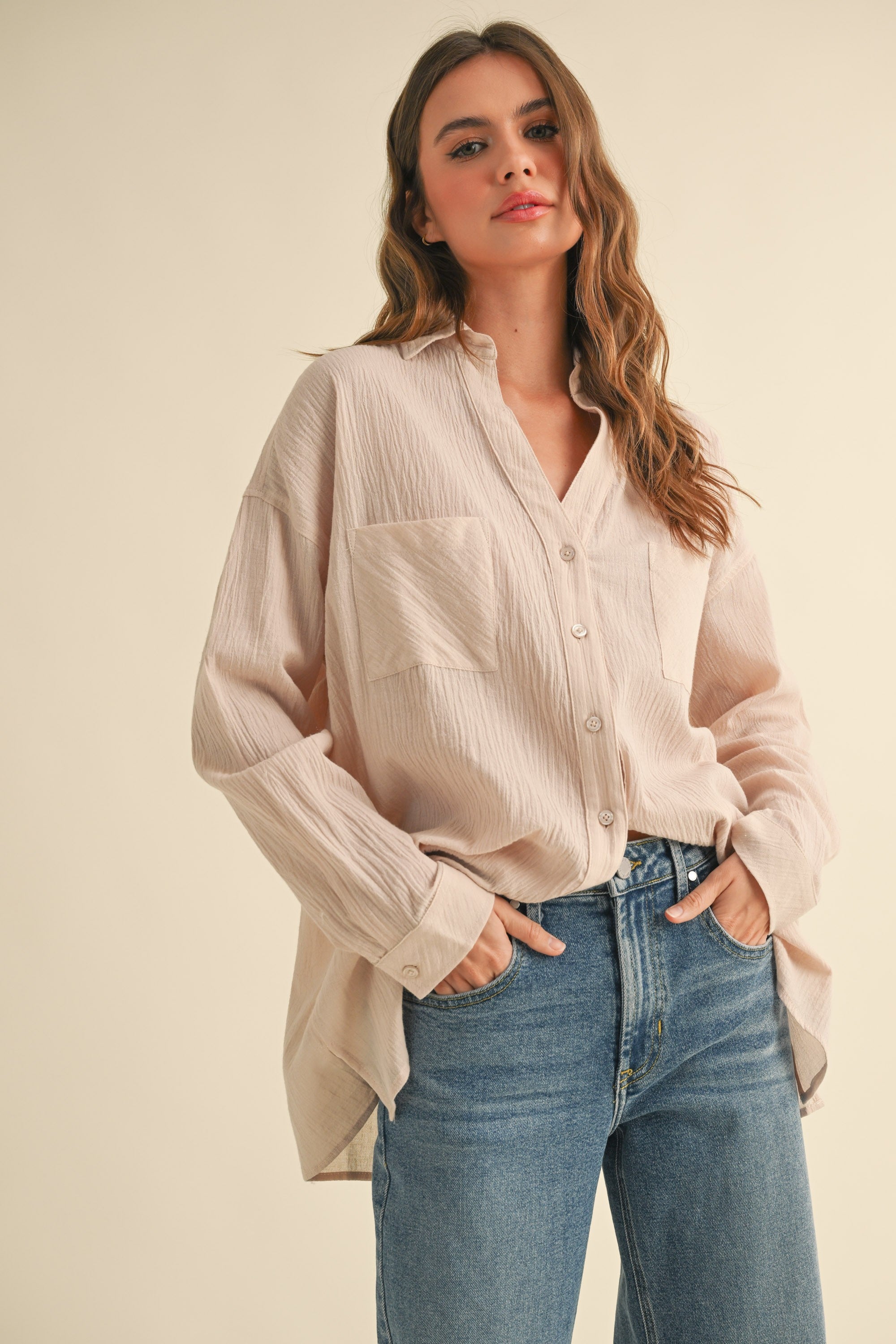 Beige Cotton Gauze Oversized Button Down Shirt for Women | Soft & Breathable Loose Fit Blouse | Perfect for Casual Wear, Beach Cover-Up & Boho Outfits