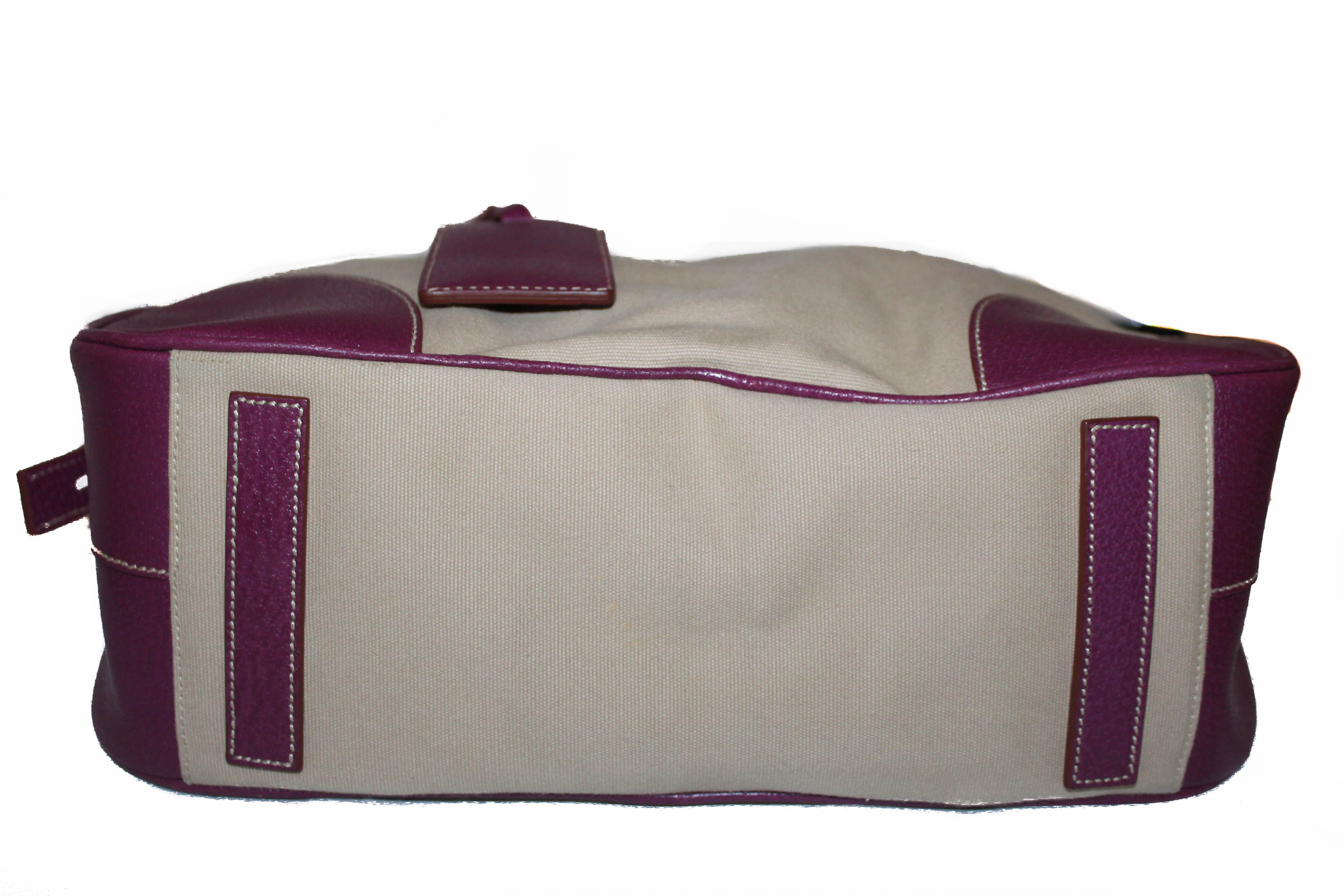 Authentic Prada Beige Canvas & Burgundy Leather Canapa Bowling Shoulder Bag for Women | Luxury Designer Handbag for Work, Travel & Everyday Use