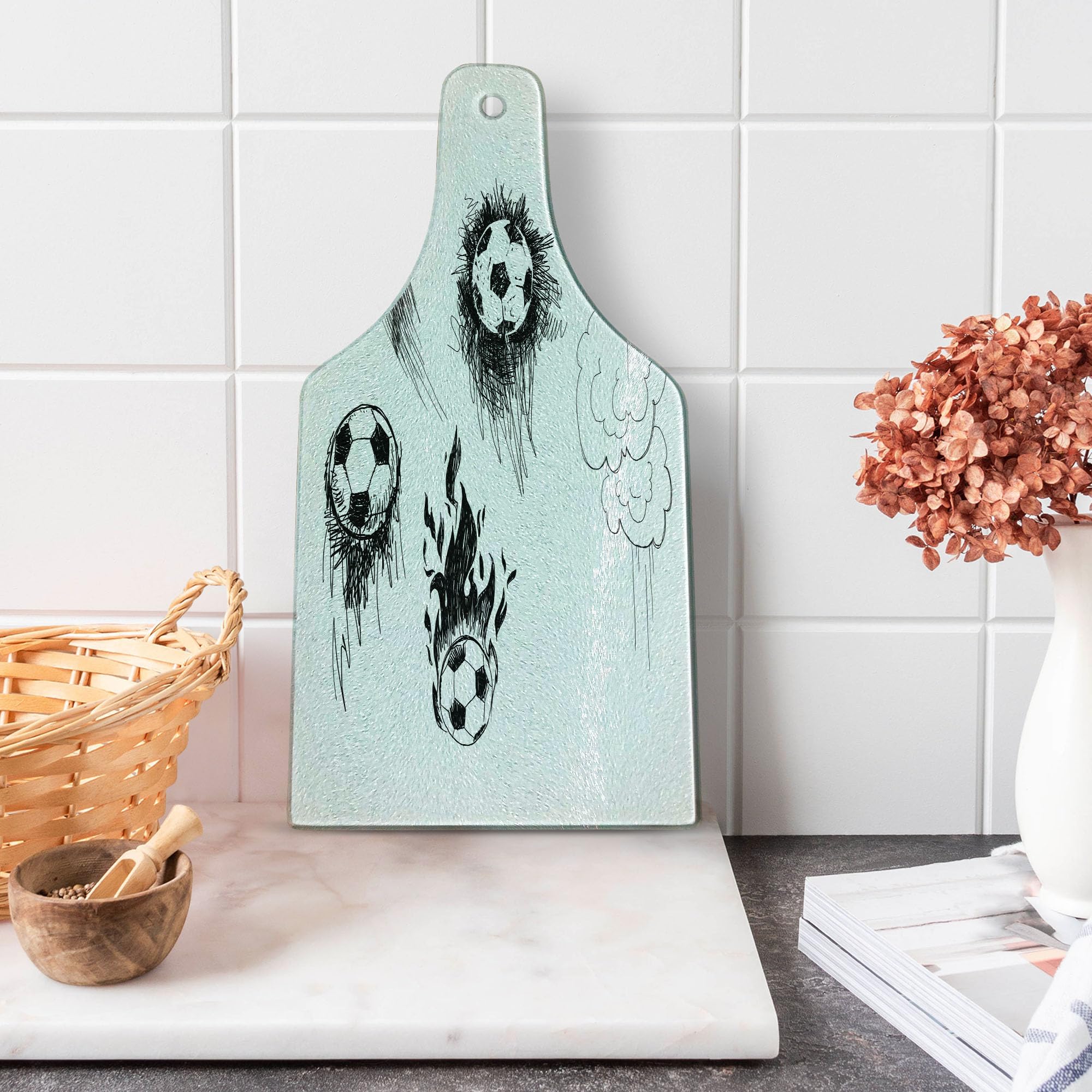 Ambesonne Soccer Themed Tempered Glass Cutting Board - Round Soccer Ball Art Sketch, Decorative Serving Board for Kitchen & Entertaining - Perfect for Wine Bottle Display, Game Day Parties & Soccer Gifts (White & Black)
