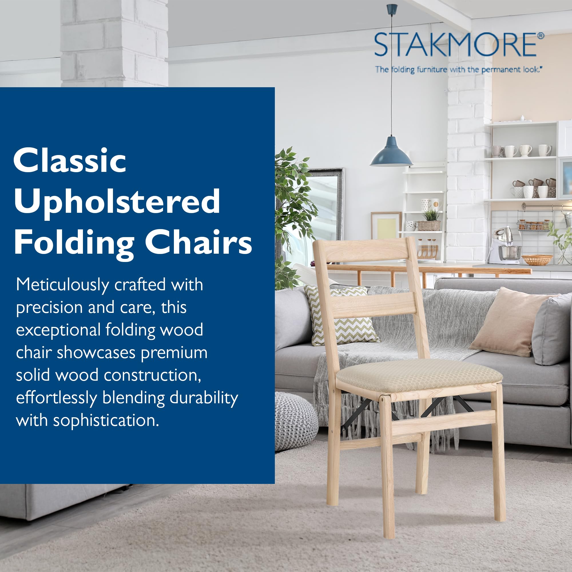 Premium MECO Stakmore Solid Wood Folding Dining Chairs Set of 2 - Classic Unfinished Wooden Table & Fabric Padded Seats for Home, Kitchen, Office, and Small Spaces